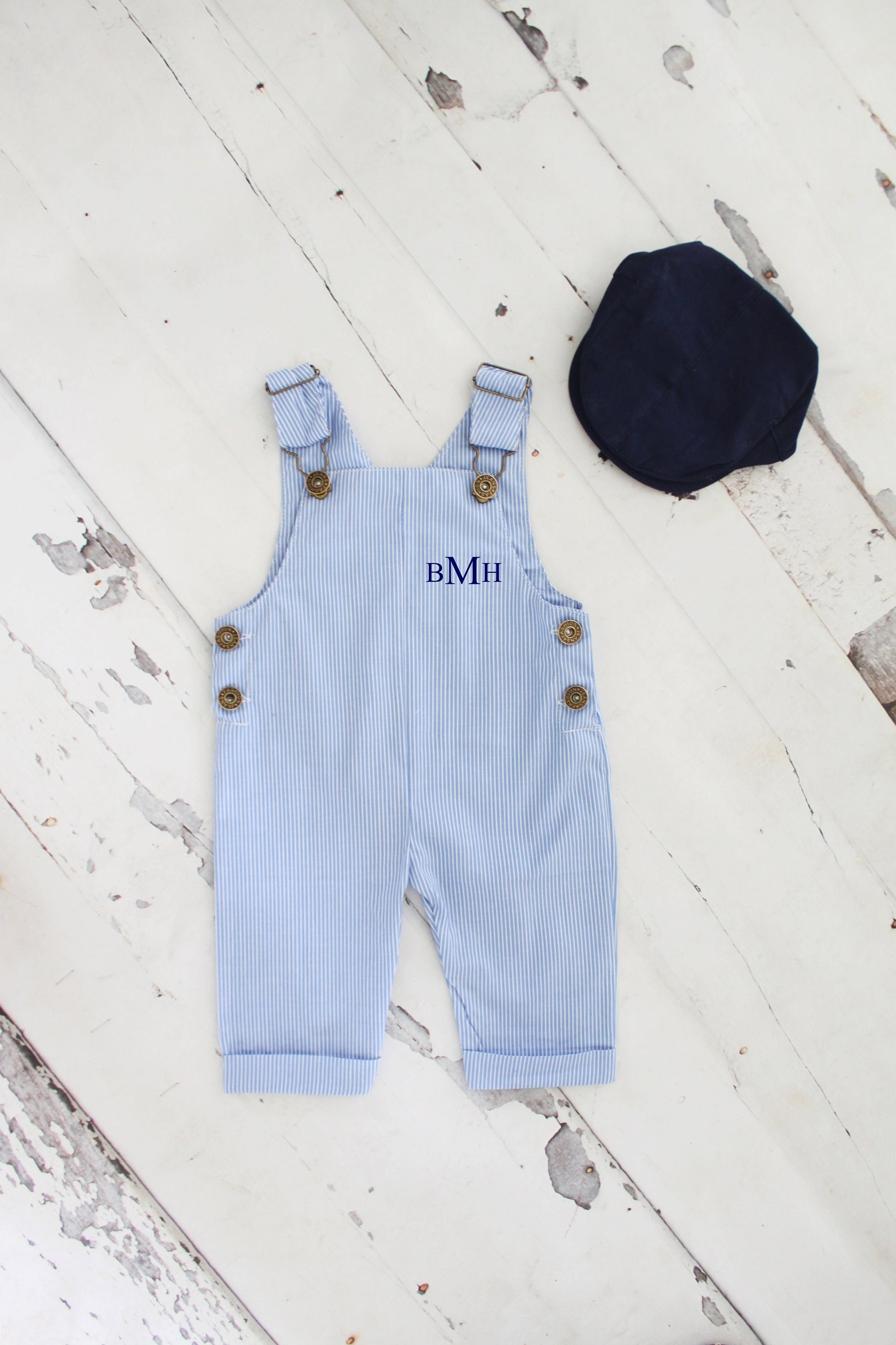 Easter, Summer Baby Boy Overalls Romper w Monogram or Name. Seersucker Newborn Baby Boy Coming Home Outfit 1st Birthday Newsboy Hat Jumper
