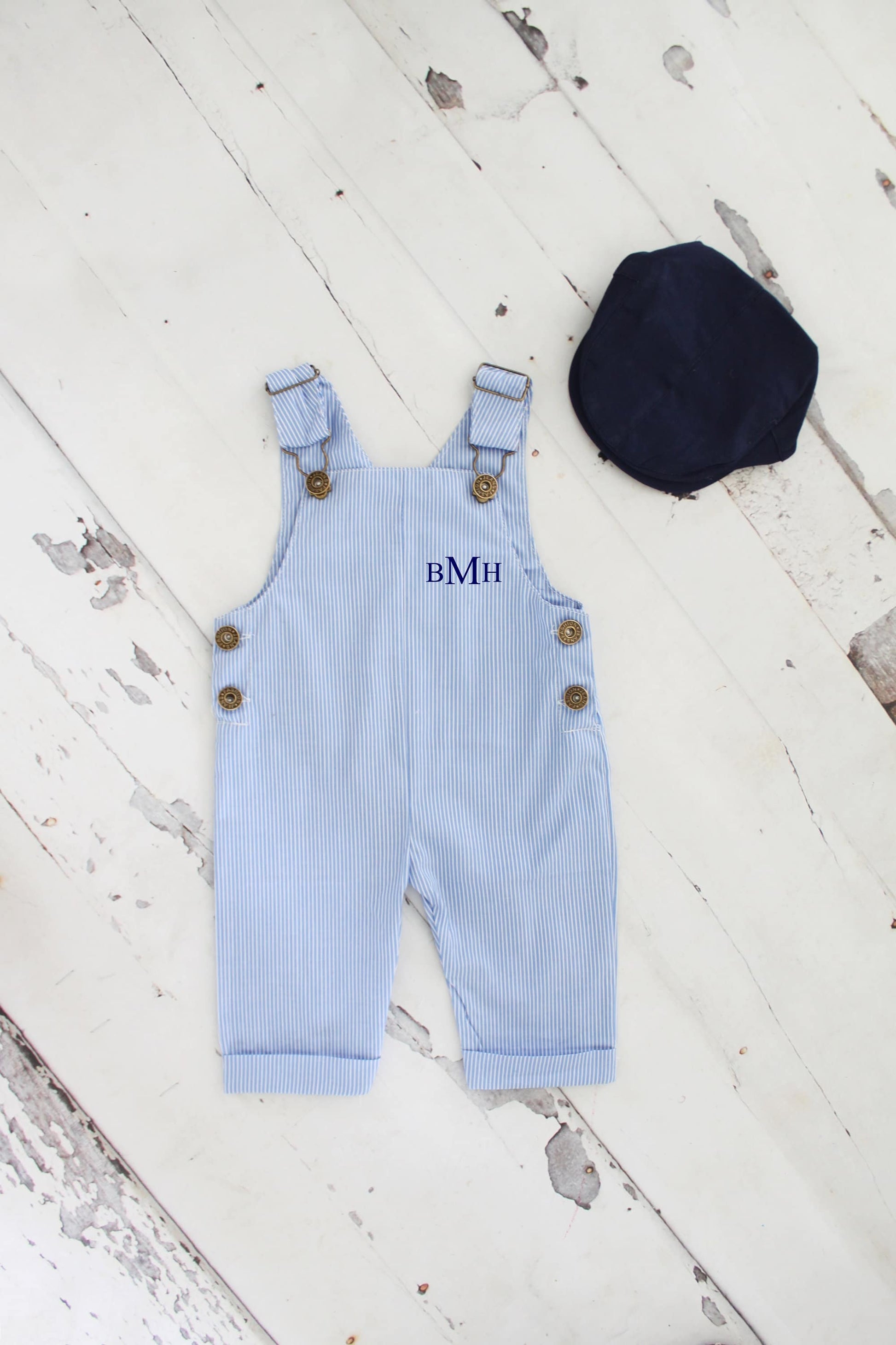 Easter, Summer Baby Boy Overalls Romper w Monogram or Name. Seersucker Newborn Baby Boy Coming Home Outfit 1st Birthday Newsboy Hat Jumper