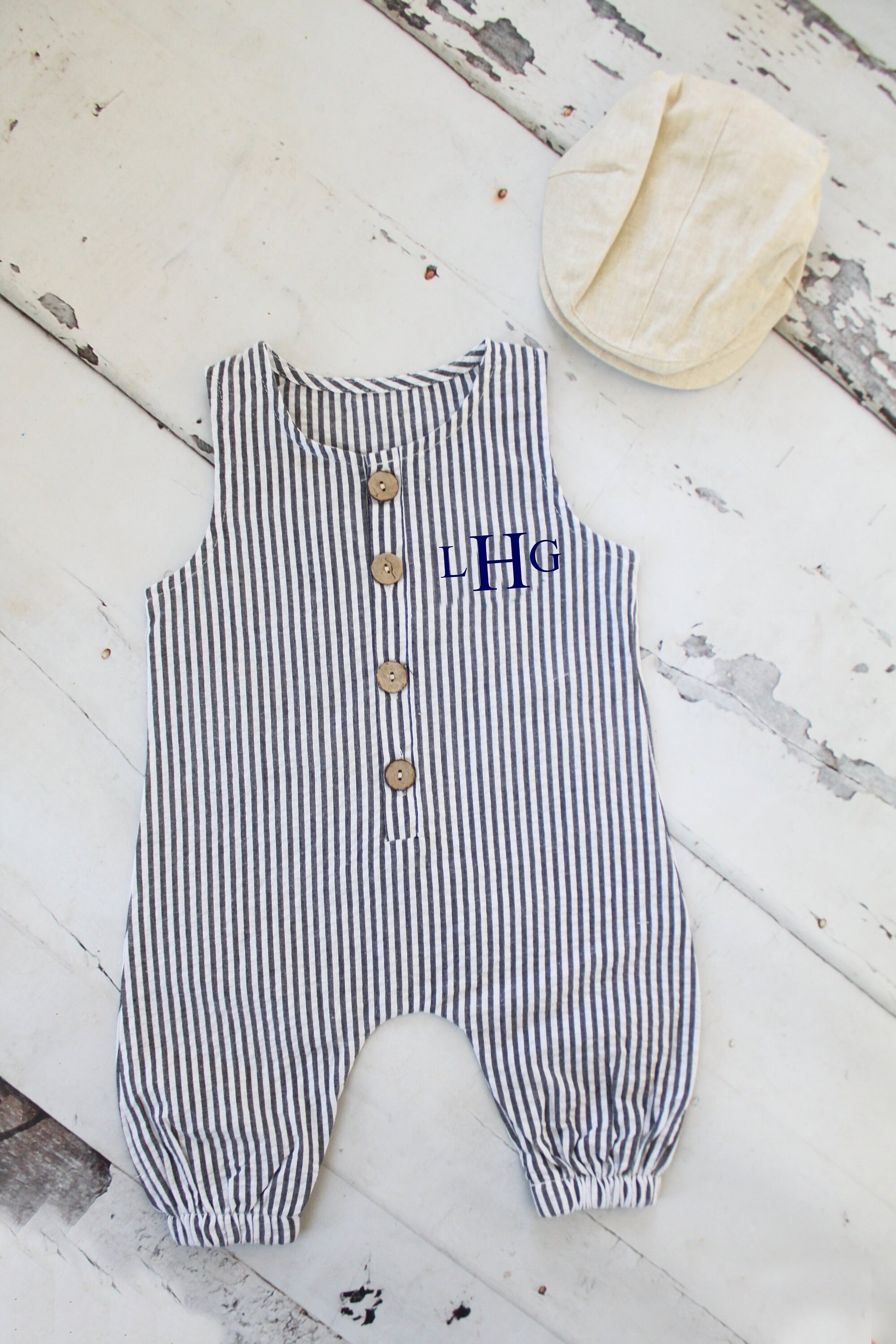 Easter Baby Boy Jumpsuit Pants Romper w Monogram or Name. Seersucker Newborn Baby Boy Coming Home Outfit, 1st Birthday Outfit, Newsboy Hat