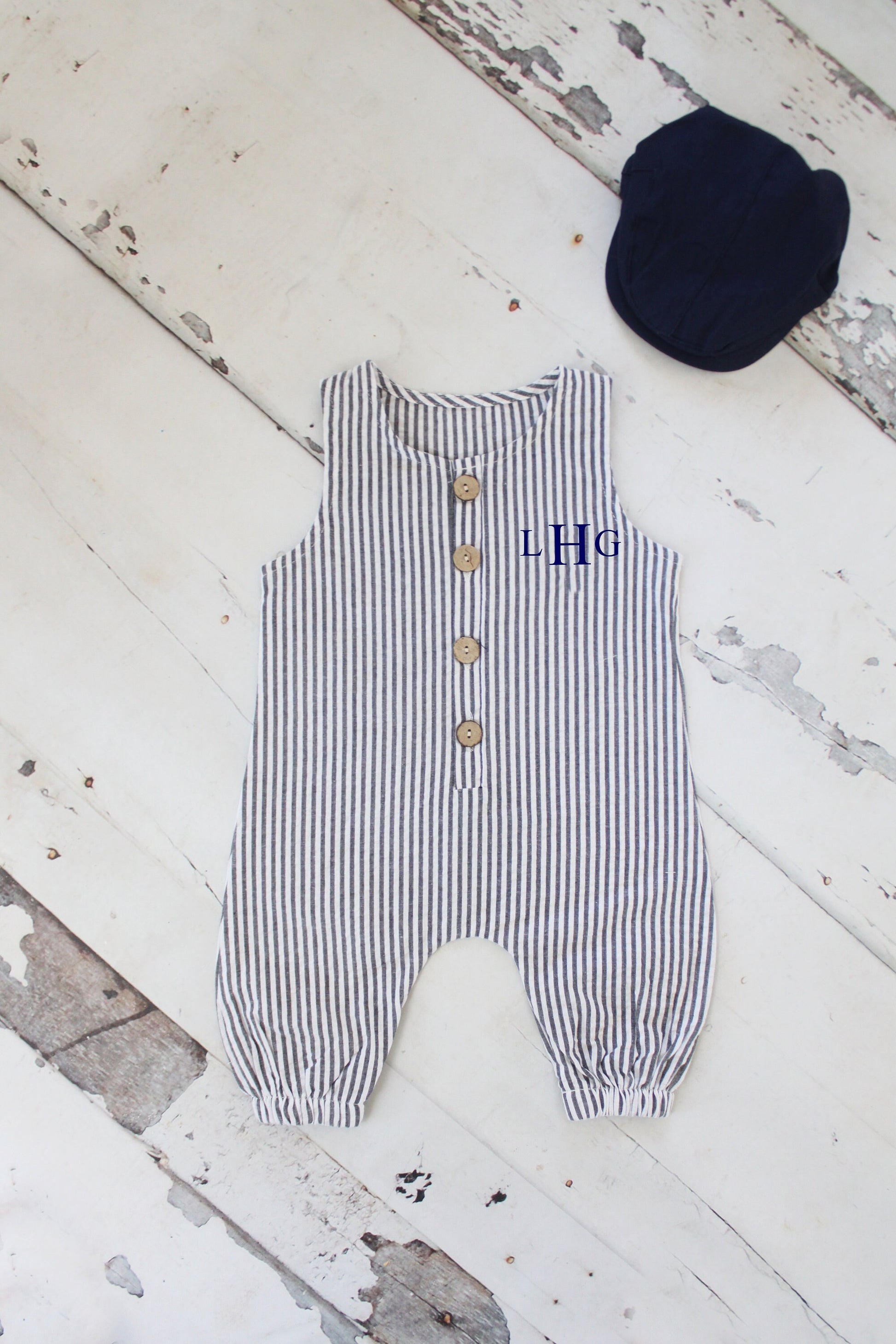 Easter Baby Boy Jumpsuit Pants Romper w Monogram or Name. Seersucker Newborn Baby Boy Coming Home Outfit, 1st Birthday Outfit, Newsboy Hat