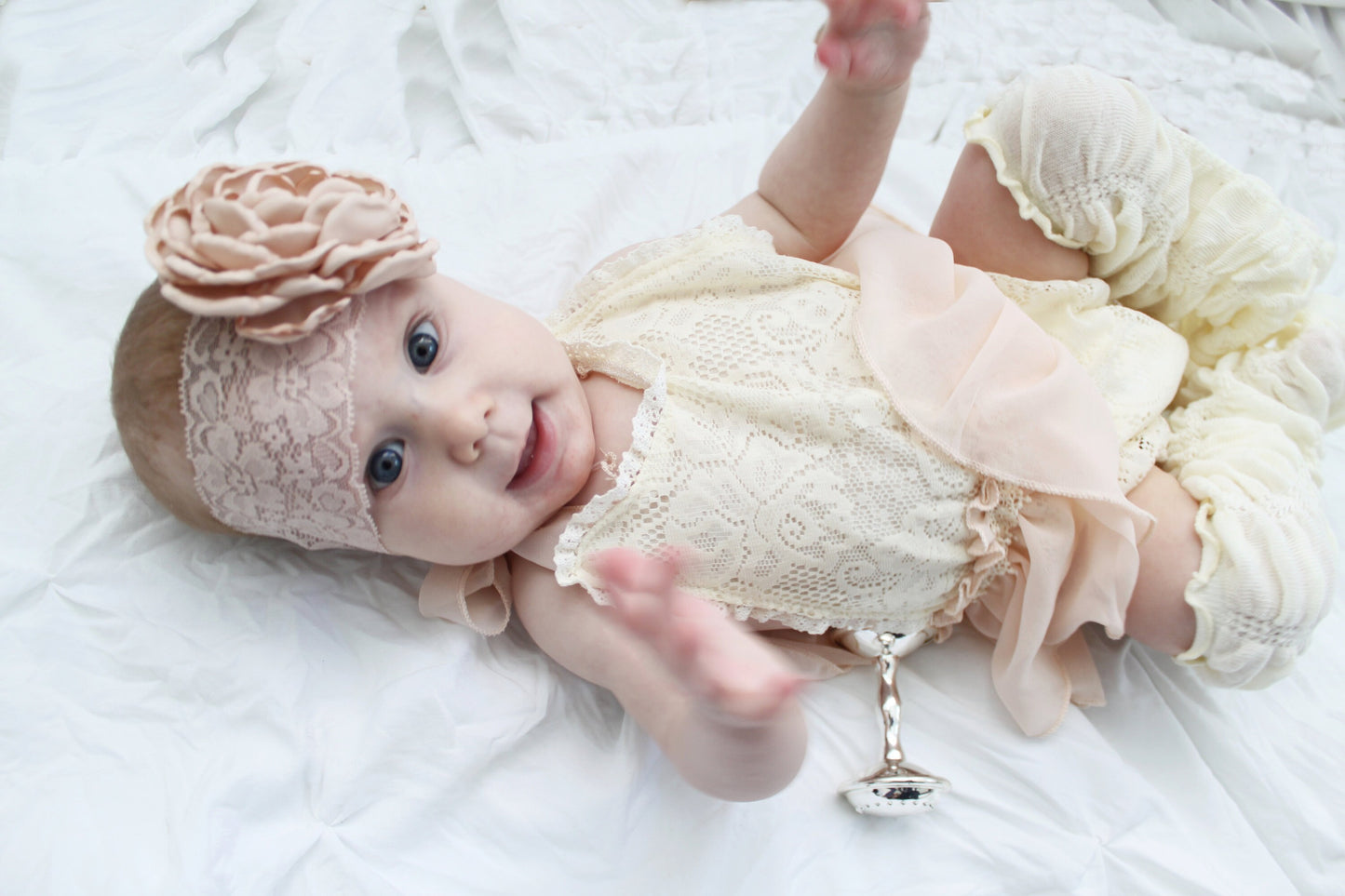 Boho Lace Baby Girl Cream and White Romper w Blush Clip, Eyelet Lace & Bow, Rustic Wedding Flower Girl, Baby Boho Baptism, 1st Birthday