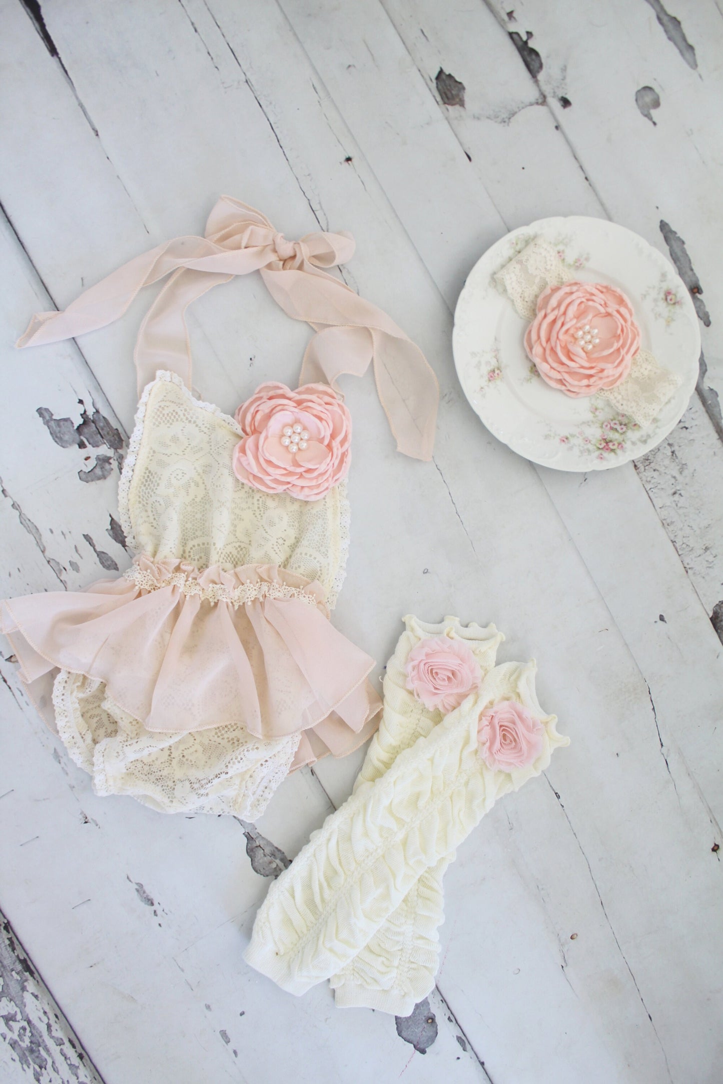 Boho Lace Baby Girl Cream and White Romper w Blush Clip, Eyelet Lace & Bow, Rustic Wedding Flower Girl, Baby Boho Baptism, 1st Birthday