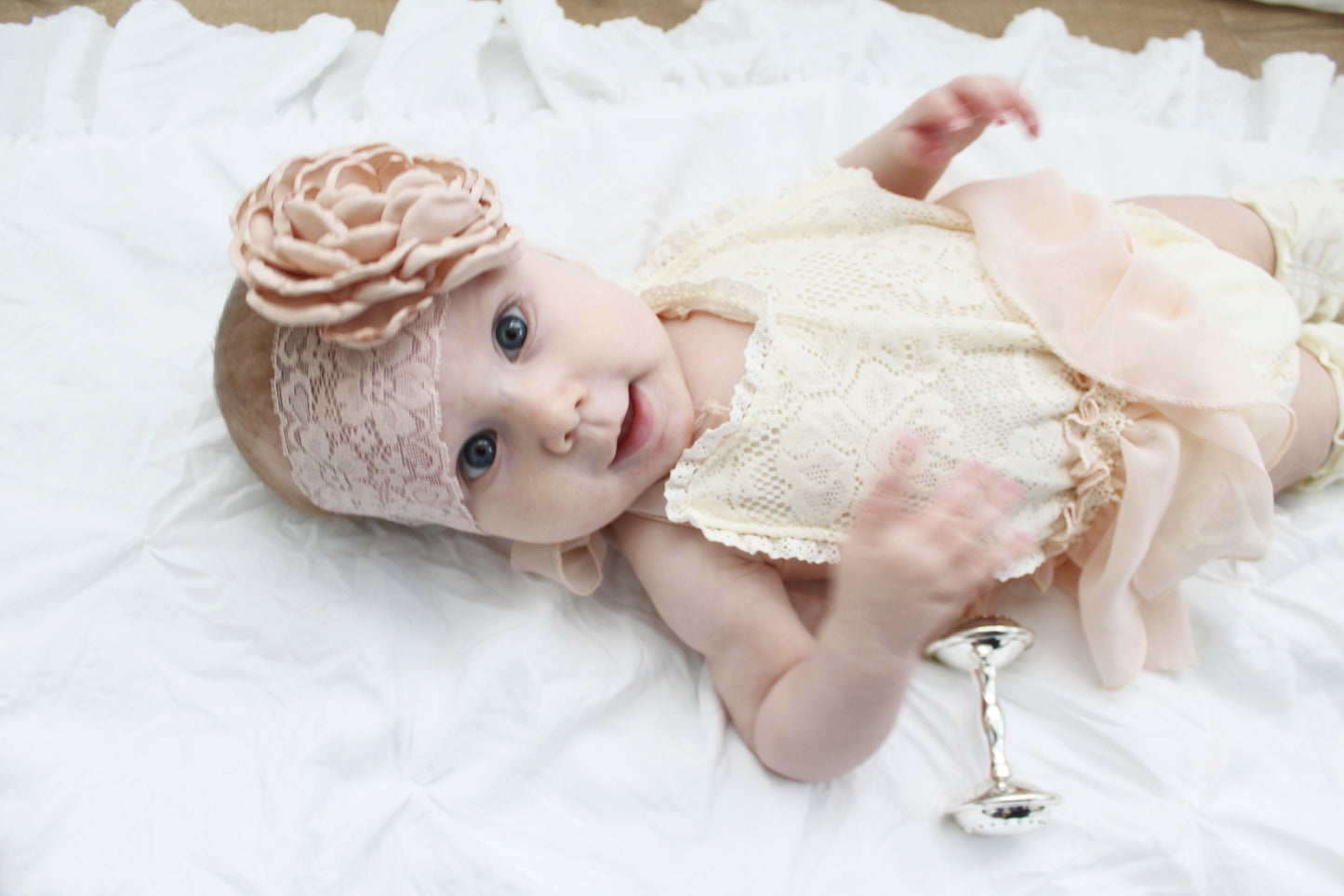 Newborn Baby Girl Photo Prop Boho Lace Halter Romper w Sheer Blush Bow & Headband. Coming Home Outfit, 1st Birthday Outfit Mommy Me Holiday