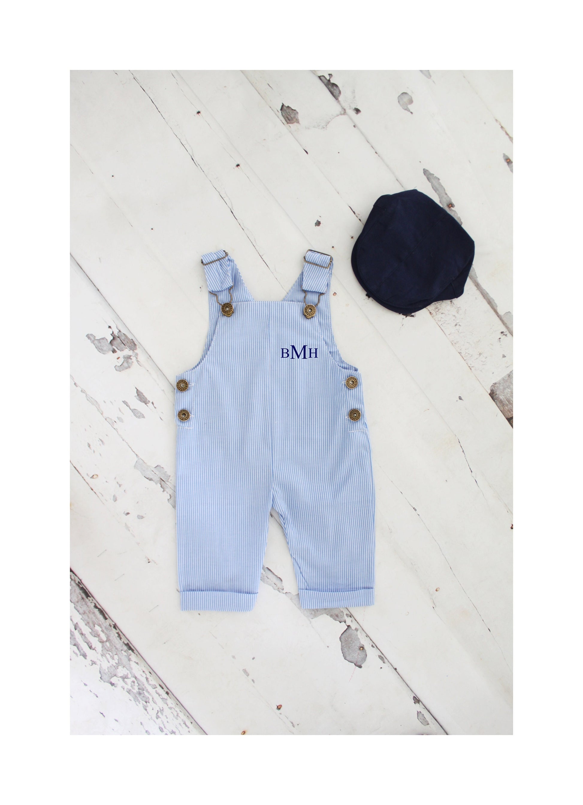 Easter, Summer Baby Boy Overalls Romper w Monogram or Name. Seersucker Newborn Baby Boy Coming Home Outfit 1st Birthday Newsboy Hat Jumper