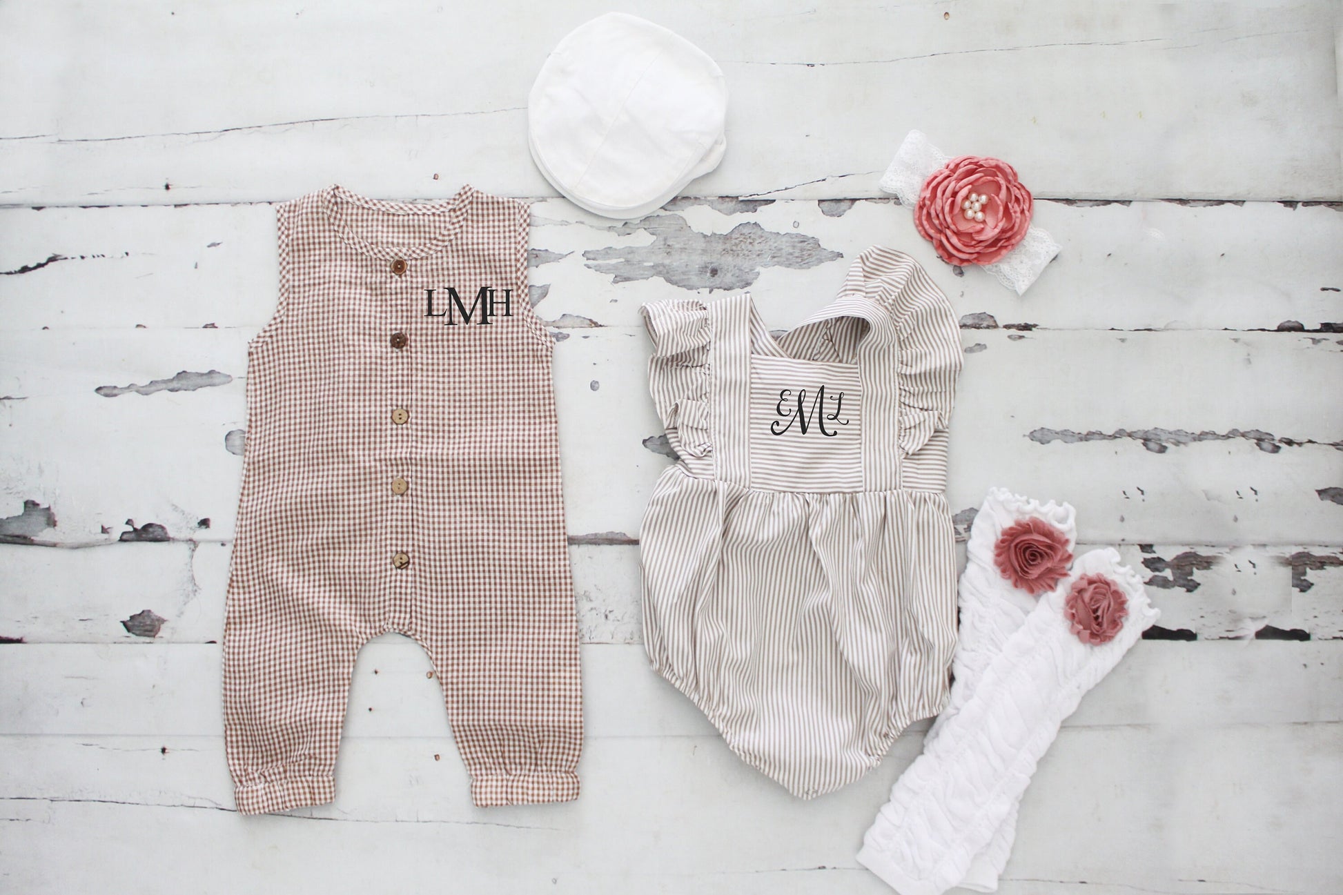 Easter Baby Boy Green Gingham Romper with Monogram or Name Overalls Jumpsuit Newborn Baby Coming Home Outfit 1st Birthday Set Newsboy Hat