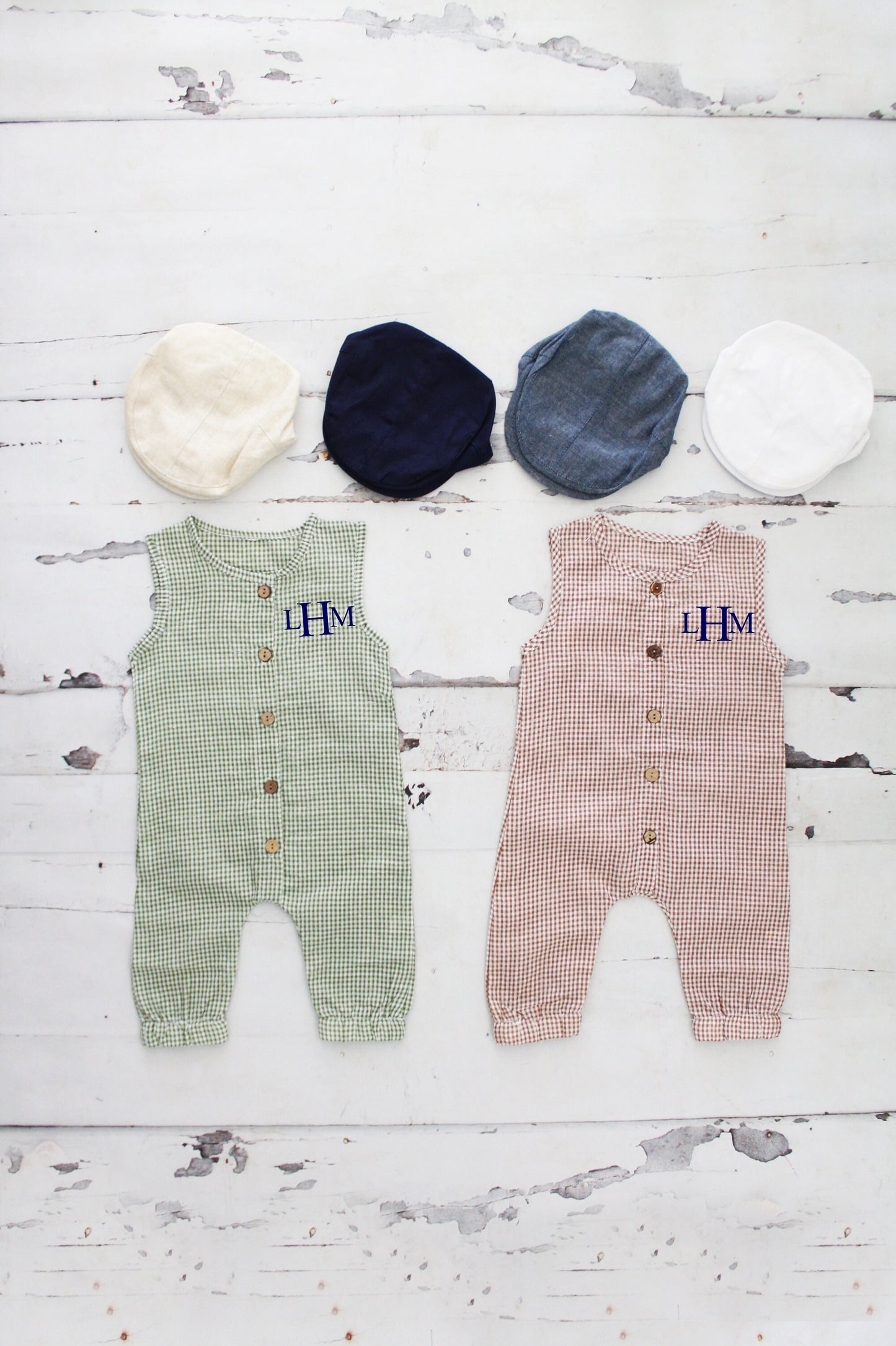 Easter Baby Boy Green Gingham Romper with Monogram or Name Overalls Jumpsuit Newborn Baby Coming Home Outfit 1st Birthday Set Newsboy Hat