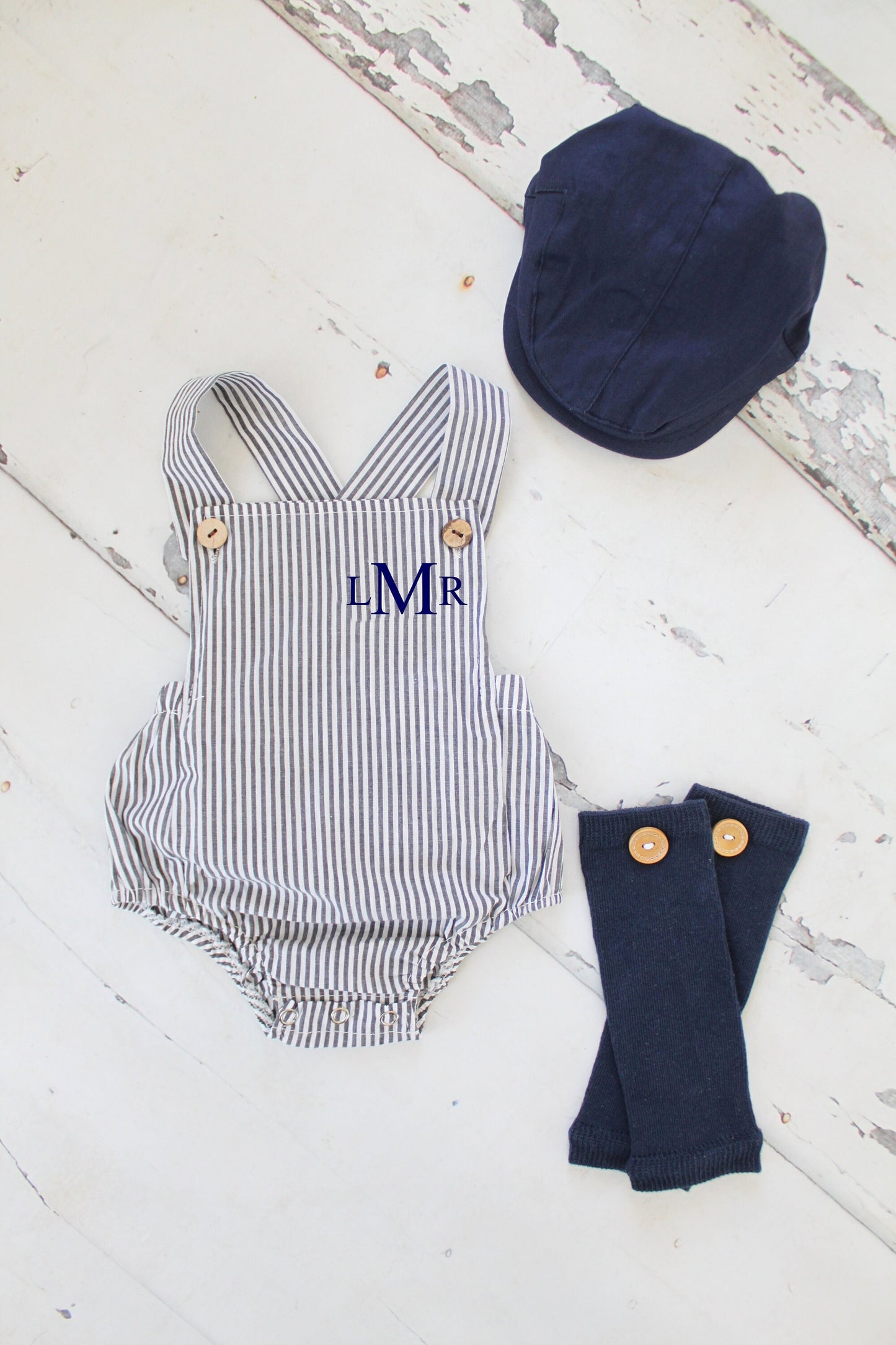 Baby Boy Easter Romper w Monogram or Name, Newsboy Hat & Leg Warmers. Seersucker Newborn Baby Boy Coming Home Outfit, 1st Birthday Outfit