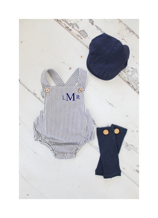 Baby Boy Easter Romper w Monogram or Name, Newsboy Hat & Leg Warmers. Seersucker Newborn Baby Boy Coming Home Outfit, 1st Birthday Outfit