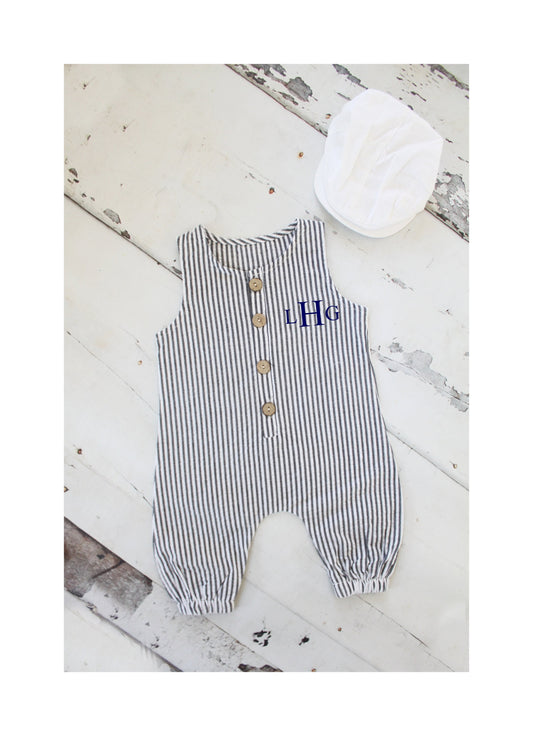 Easter Baby Boy Jumpsuit Pants Romper w Monogram or Name. Seersucker Newborn Baby Boy Coming Home Outfit, 1st Birthday Outfit, Newsboy Hat