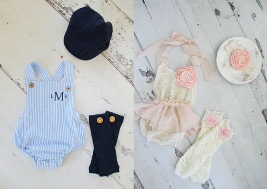 Summer Twin Baby Boy & Baby Girl Romper Set. Newborn Coming Home Outfits, 1st Birthday Outfits Personalized Seersucker and Boho Lace Rompers