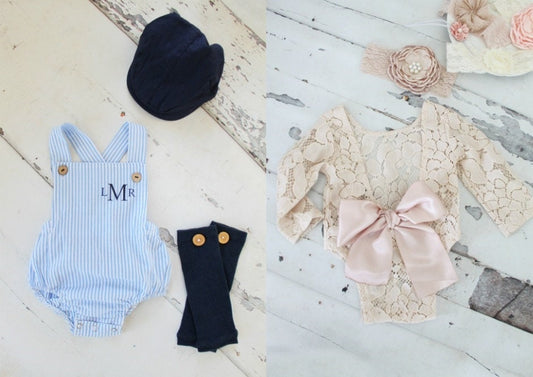 Summer Twin Baby Boy & Baby Girl Romper Set. Newborn Coming Home Outfits, 1st Birthday Outfits Personalized Seersucker and Boho Lace Rompers