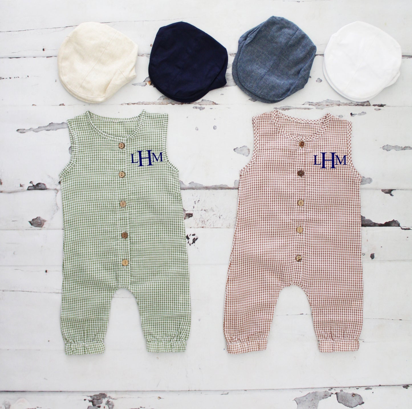 Easter Baby Boy Green Gingham Romper with Monogram or Name Overalls Jumpsuit Newborn Baby Coming Home Outfit 1st Birthday Set Newsboy Hat