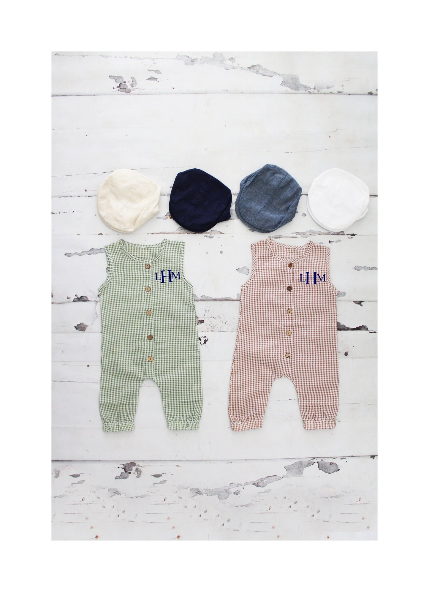 Easter Baby Boy Green Gingham Romper with Monogram or Name Overalls Jumpsuit Newborn Baby Coming Home Outfit 1st Birthday Set Newsboy Hat