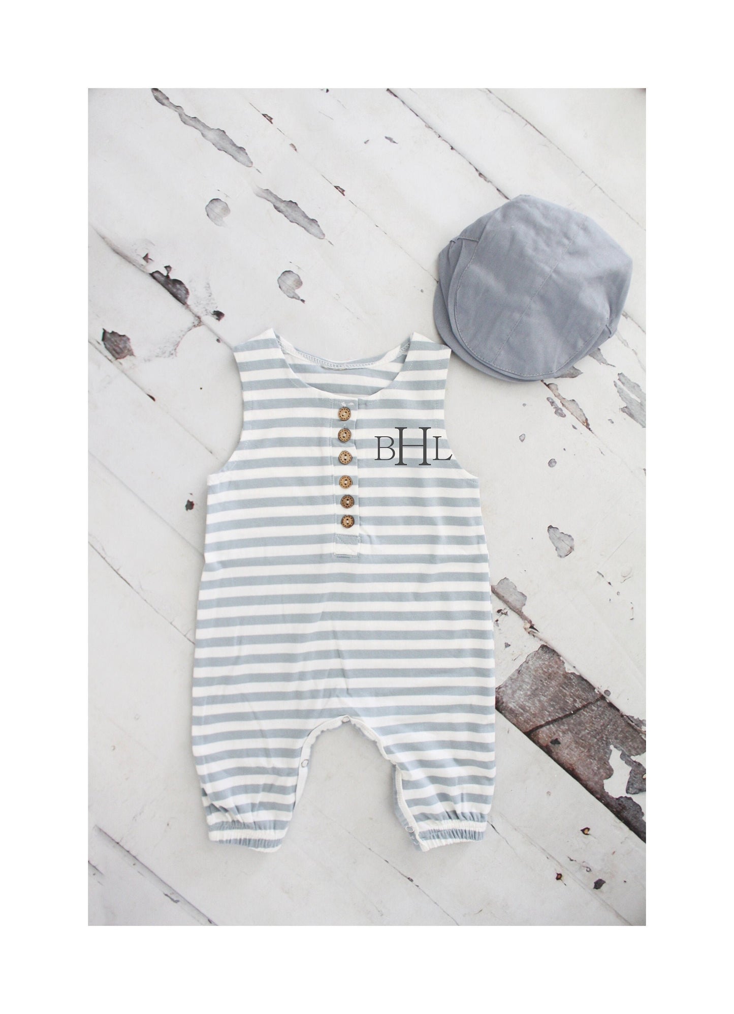 Easter Baby Boy Jumpsuit Romper with Vinyl Monogram or Name. Gray Stripe Overalls. Newborn Baby Boy Coming Home 1st Birthday Newsboy Hat