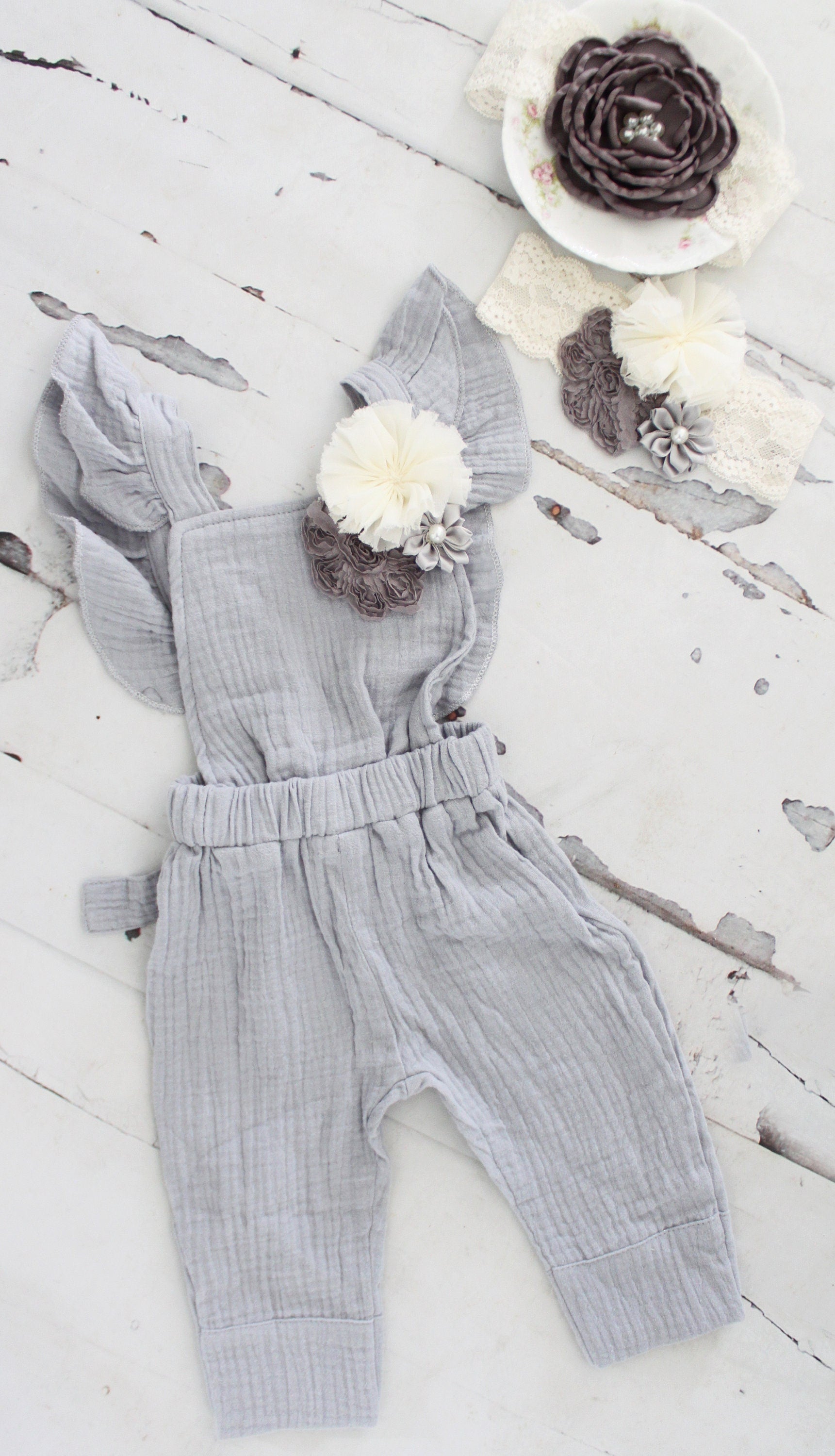 Easter Spring Newborn Baby Girl Photo Prop Boho Gray Jumpsuit, Overalls w Flower Clip & Headband Coming Home Outfit 1st Birthday Mommy Me