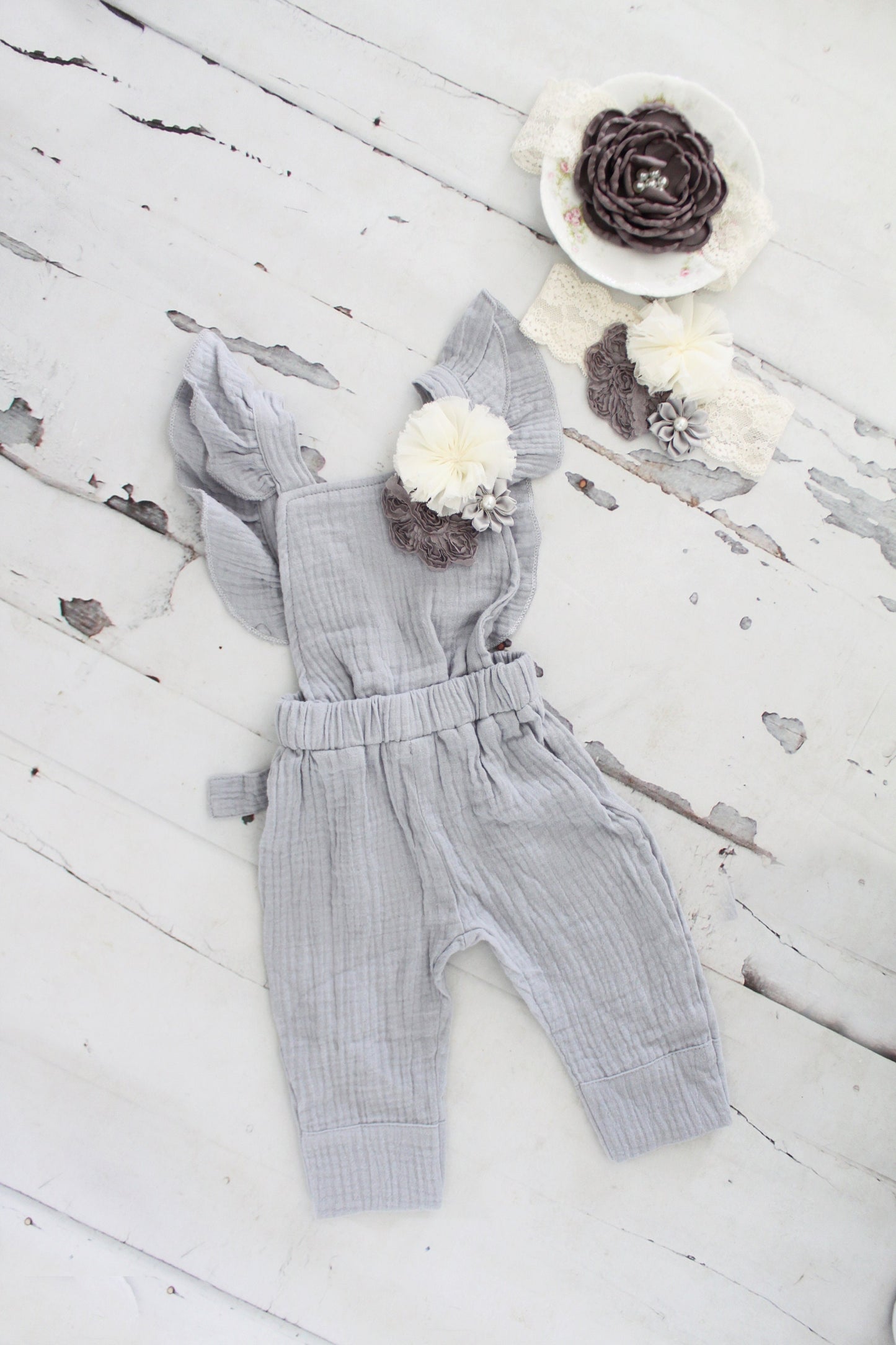 Easter Spring Newborn Baby Girl Photo Prop Boho Gray Jumpsuit, Overalls w Flower Clip & Headband Coming Home Outfit 1st Birthday Mommy Me