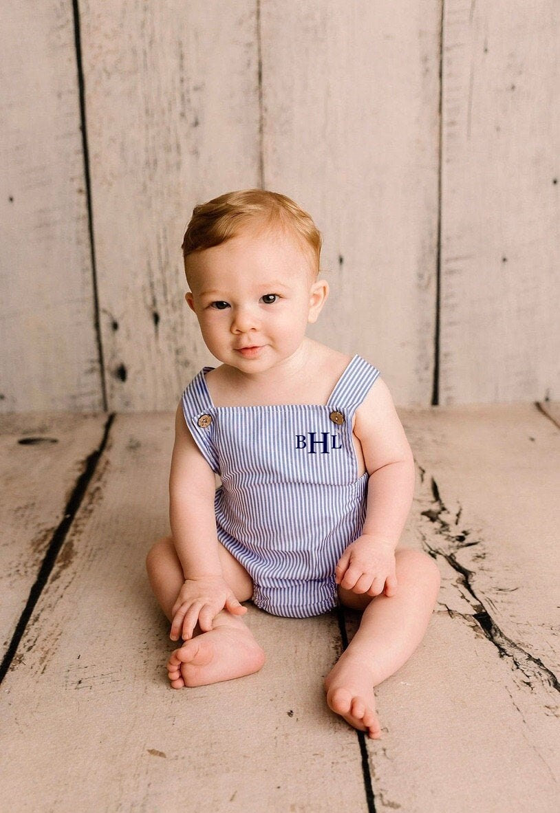 Summer Baby Boy Romper with Monogram or Name. Linen like or Seersucker Newborn Baby Boy Coming Home Outfit, 1st Birthday Outfit Newsboy Hat