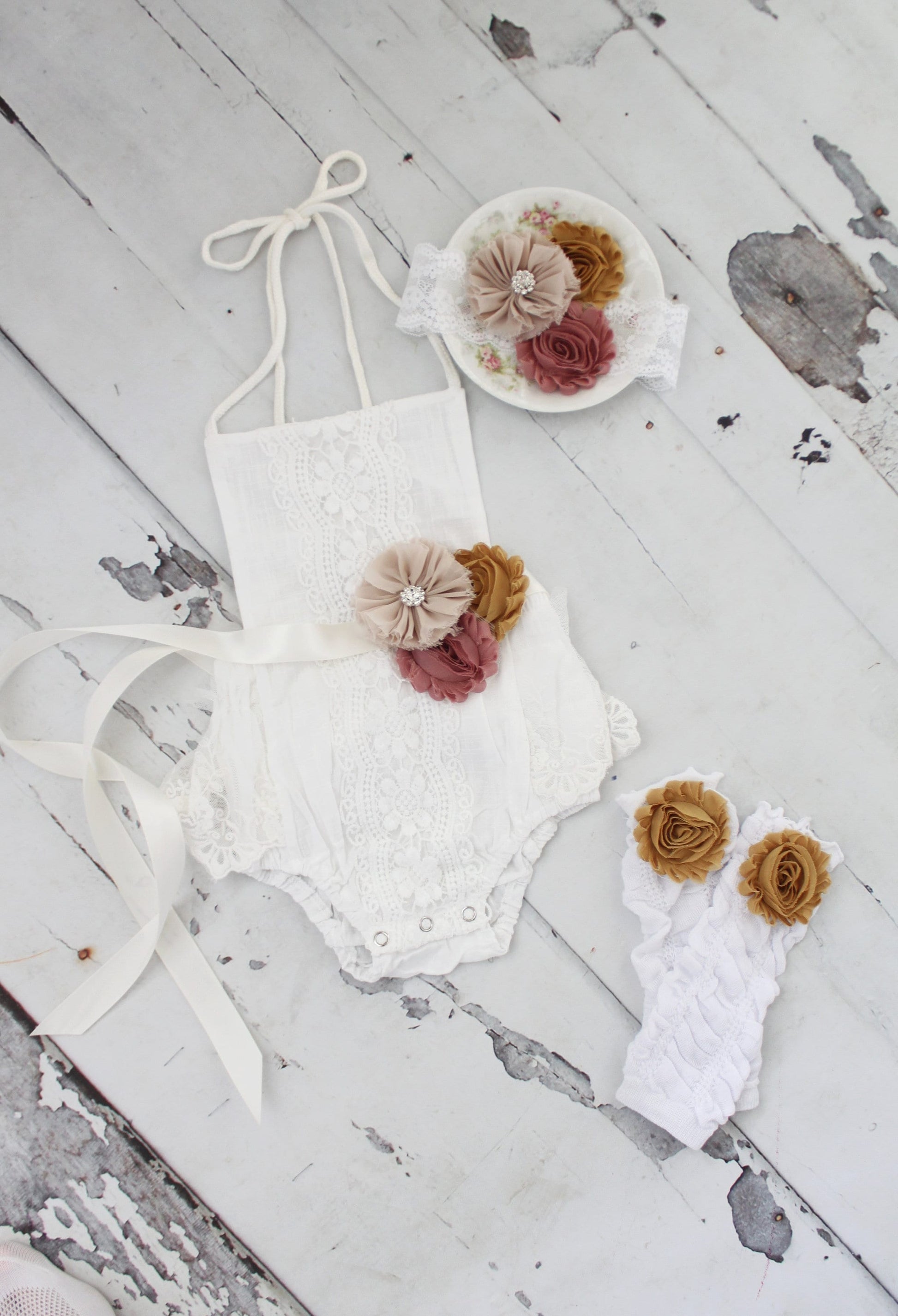Boho Chic Fall Pumpkin Spice White Lace Romper w Autumn Sash & Headband Newborn Baby Girl Coming Home Outfit, 1st Birthday Outfit Holiday