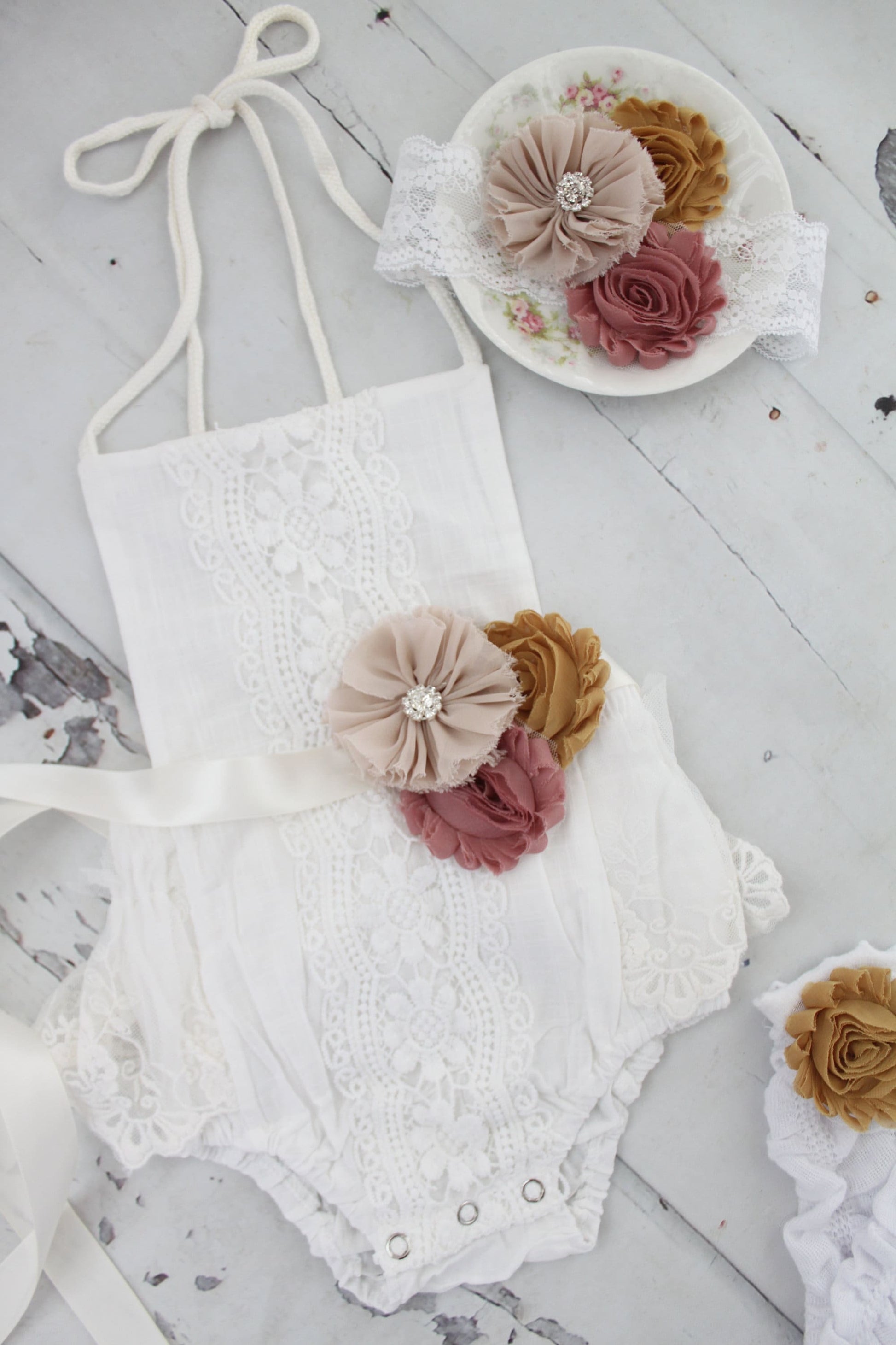 Boho Chic Fall Pumpkin Spice White Lace Romper w Autumn Sash & Headband Newborn Baby Girl Coming Home Outfit, 1st Birthday Outfit Holiday