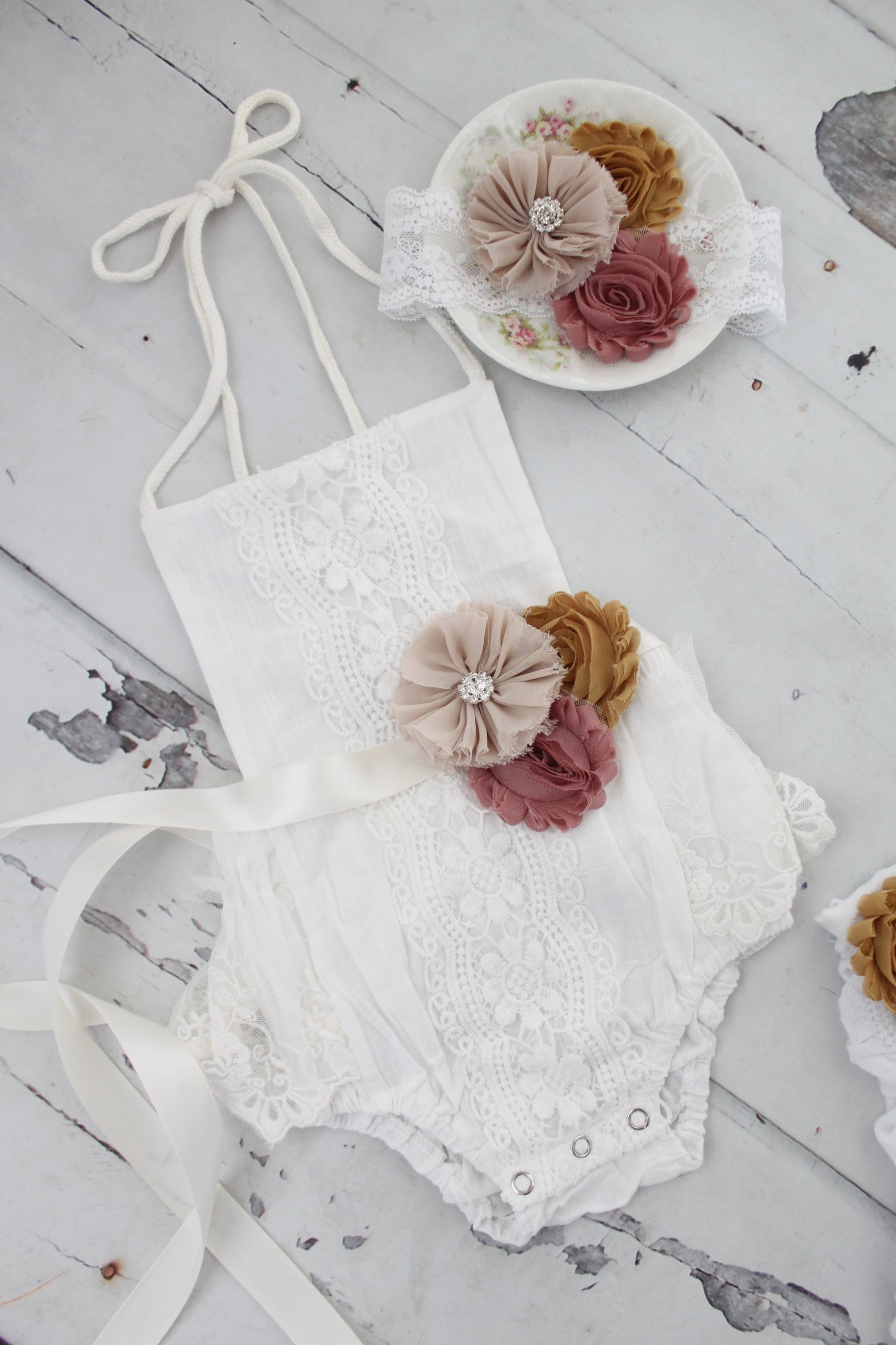 Boho Chic Fall Pumpkin Spice White Lace Romper w Autumn Sash & Headband Newborn Baby Girl Coming Home Outfit, 1st Birthday Outfit Holiday