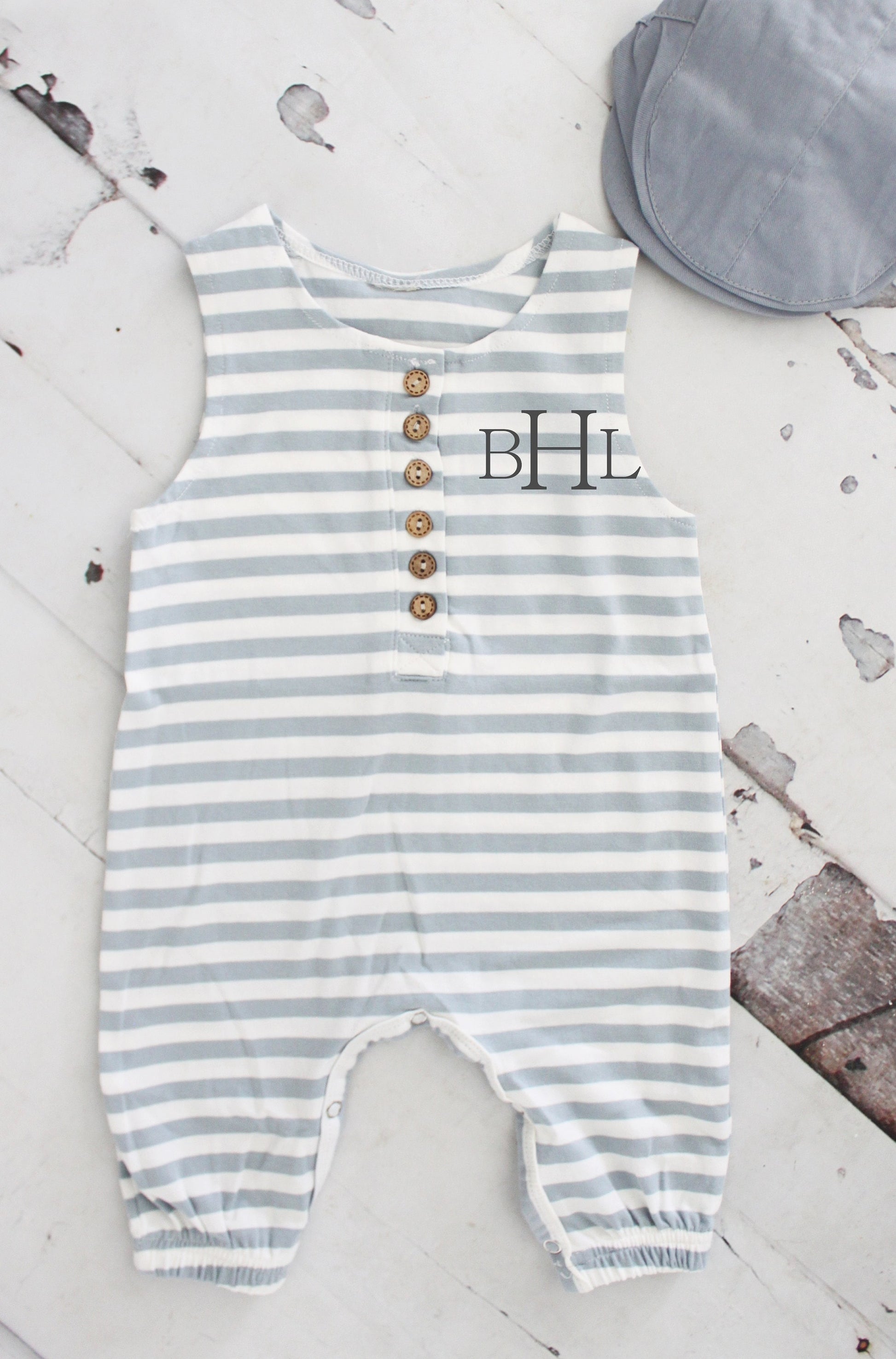 Easter Baby Boy Jumpsuit Romper with Vinyl Monogram or Name. Gray Stripe Overalls. Newborn Baby Boy Coming Home 1st Birthday Newsboy Hat