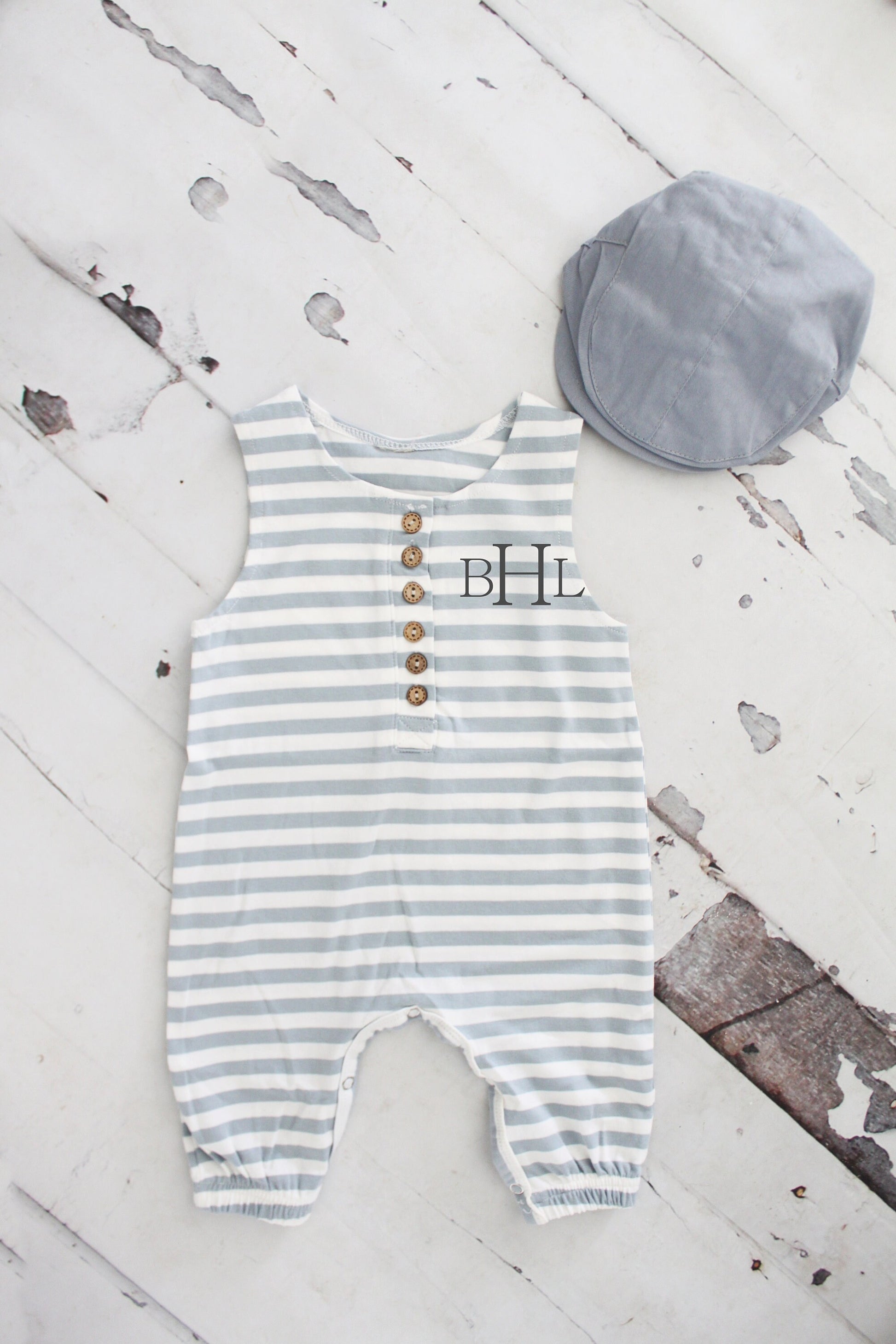 Easter Baby Boy Jumpsuit Romper with Vinyl Monogram or Name. Gray Stripe Overalls. Newborn Baby Boy Coming Home 1st Birthday Newsboy Hat