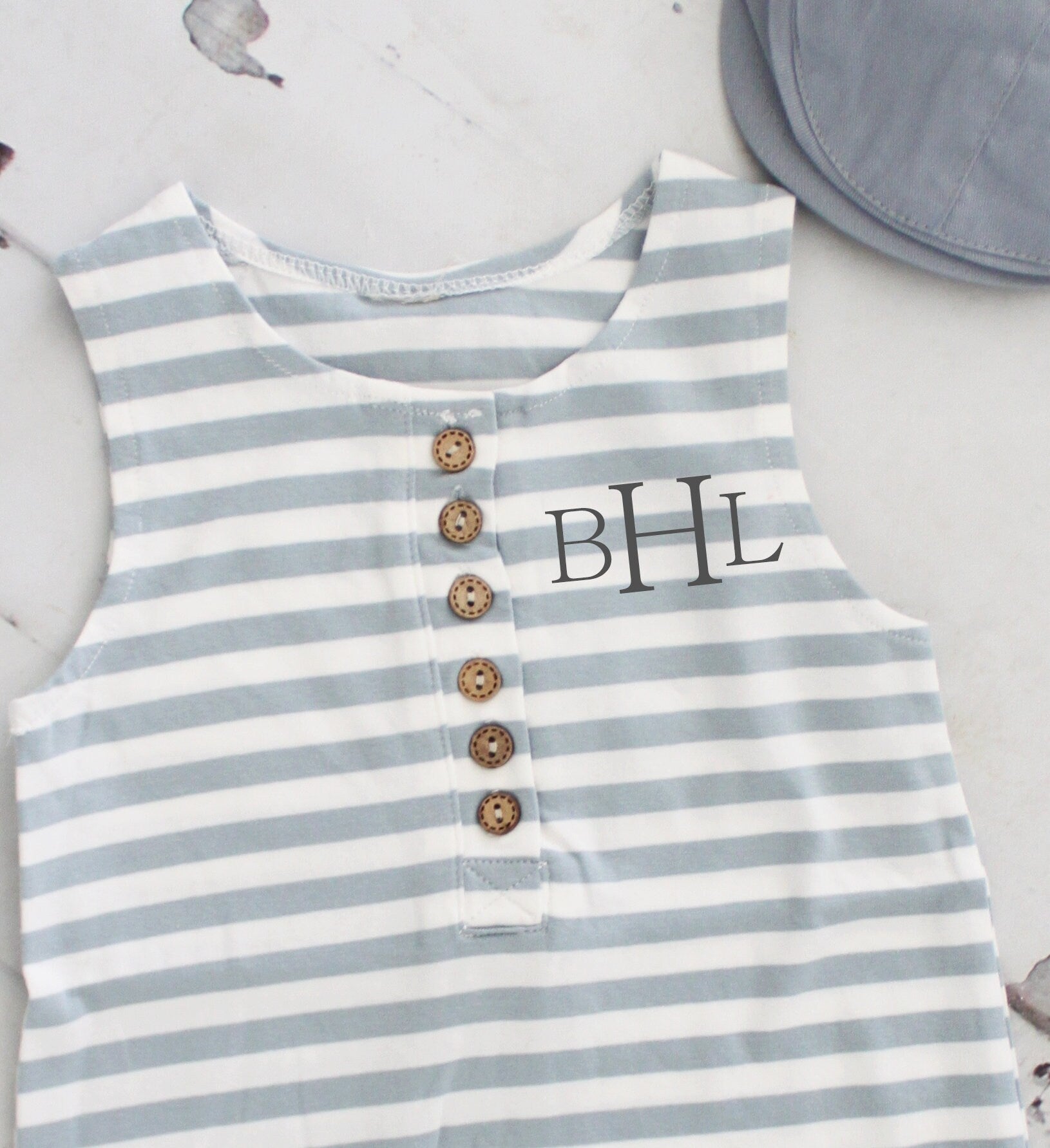 Easter Baby Boy Jumpsuit Romper with Vinyl Monogram or Name. Gray Stripe Overalls. Newborn Baby Boy Coming Home 1st Birthday Newsboy Hat