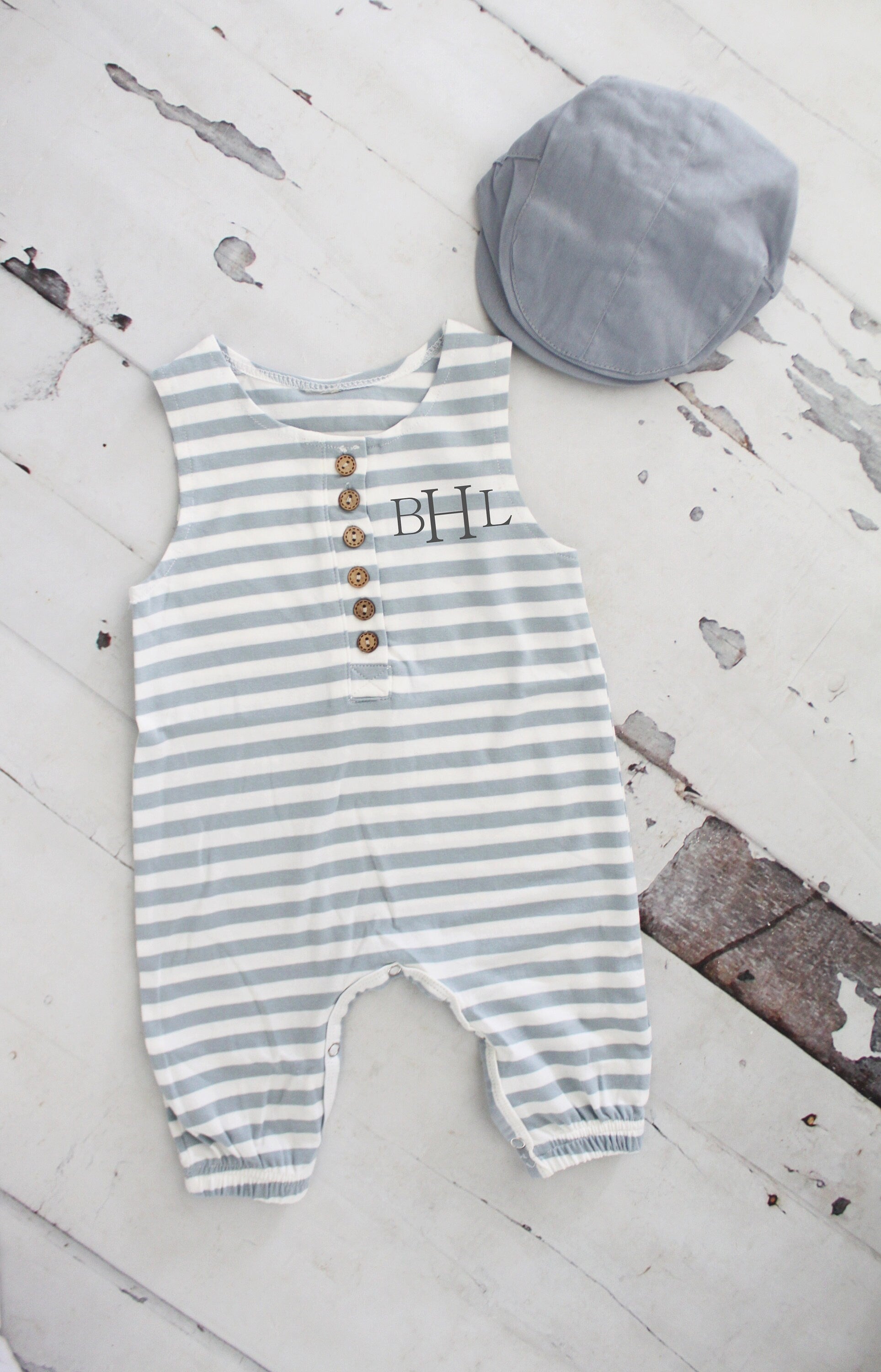 Easter Baby Boy Jumpsuit Romper with Vinyl Monogram or Name. Gray Stripe Overalls. Newborn Baby Boy Coming Home 1st Birthday Newsboy Hat