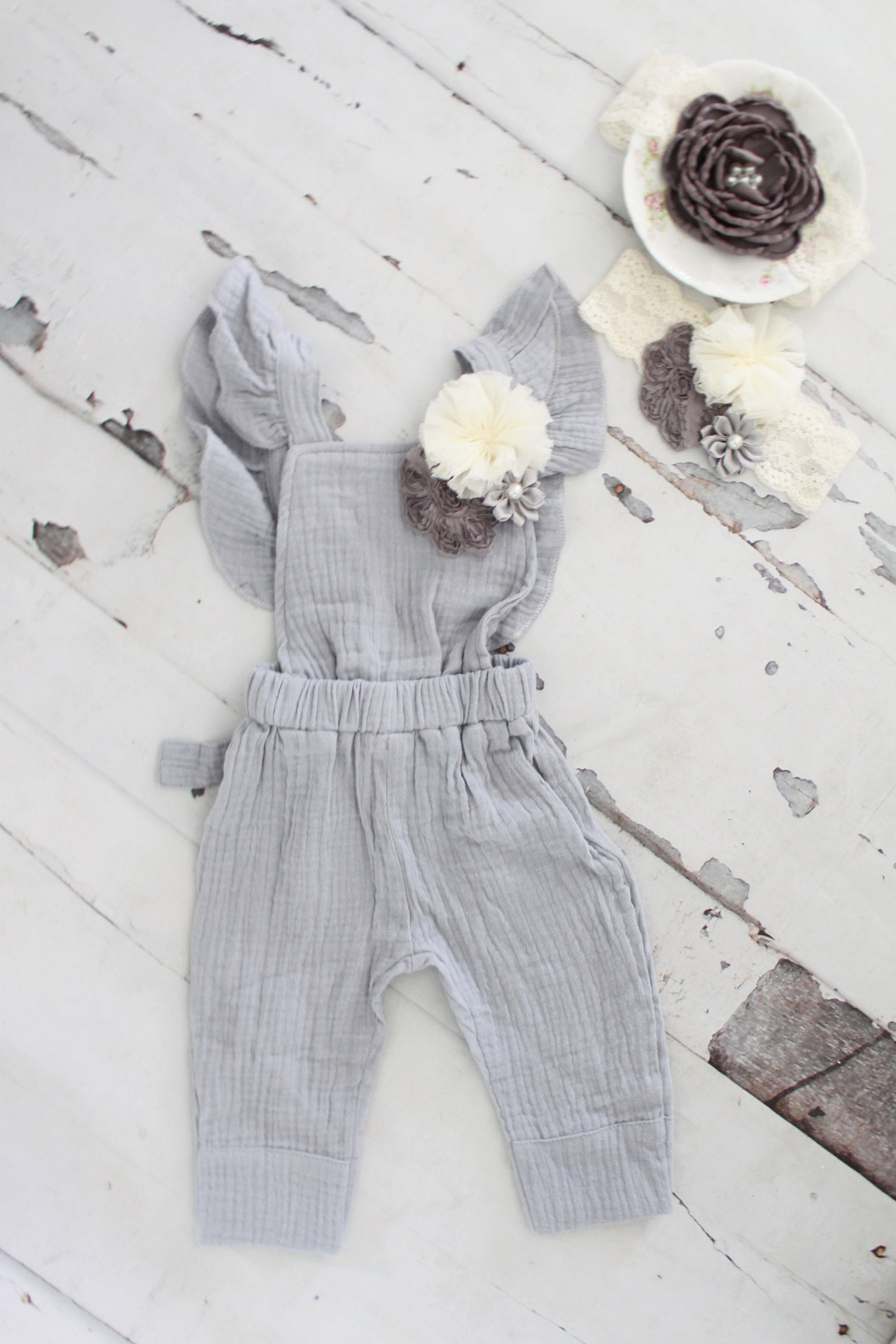 Easter Spring Newborn Baby Girl Photo Prop Boho Gray Jumpsuit, Overalls w Flower Clip & Headband Coming Home Outfit 1st Birthday Mommy Me