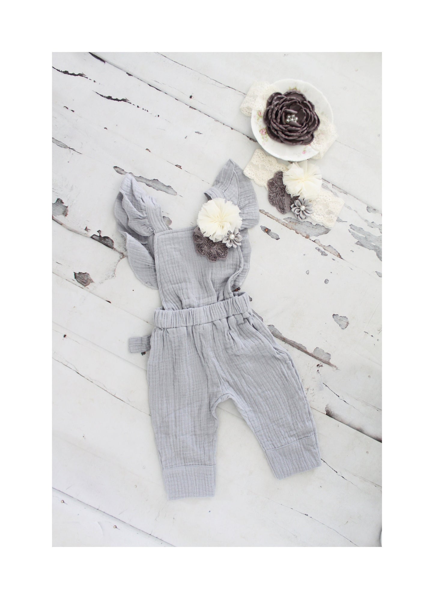 Easter Spring Newborn Baby Girl Photo Prop Boho Gray Jumpsuit, Overalls w Flower Clip & Headband Coming Home Outfit 1st Birthday Mommy Me