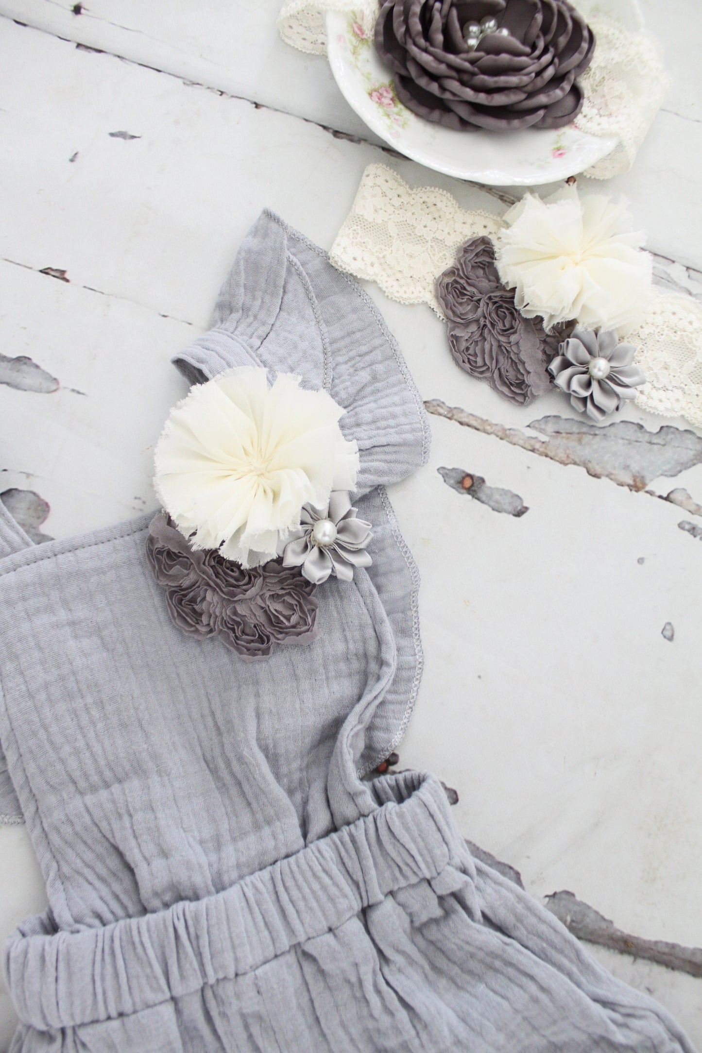 Easter Spring Newborn Baby Girl Photo Prop Boho Gray Jumpsuit, Overalls w Flower Clip & Headband Coming Home Outfit 1st Birthday Mommy Me