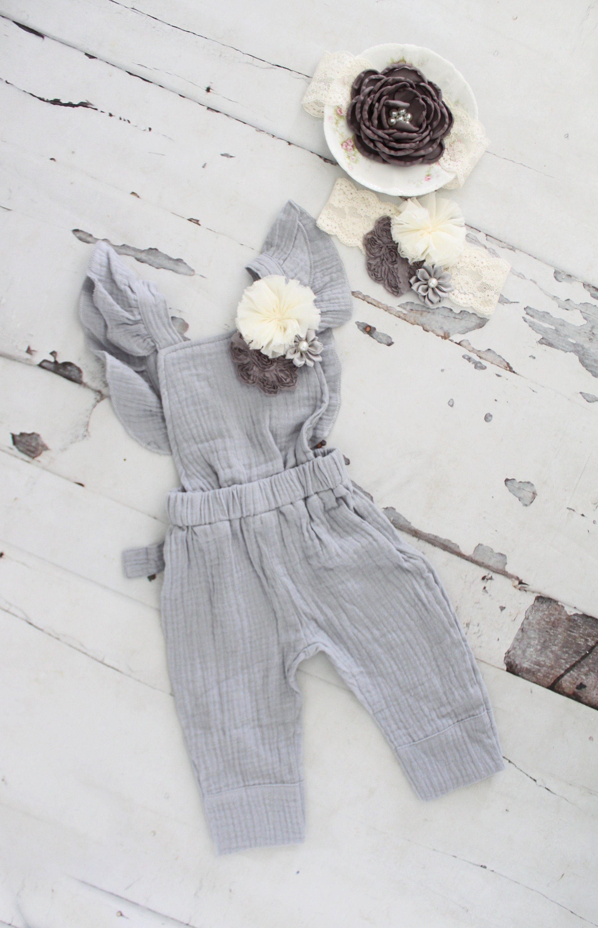 Easter Spring Newborn Baby Girl Photo Prop Boho Gray Jumpsuit, Overalls w Flower Clip & Headband Coming Home Outfit 1st Birthday Mommy Me