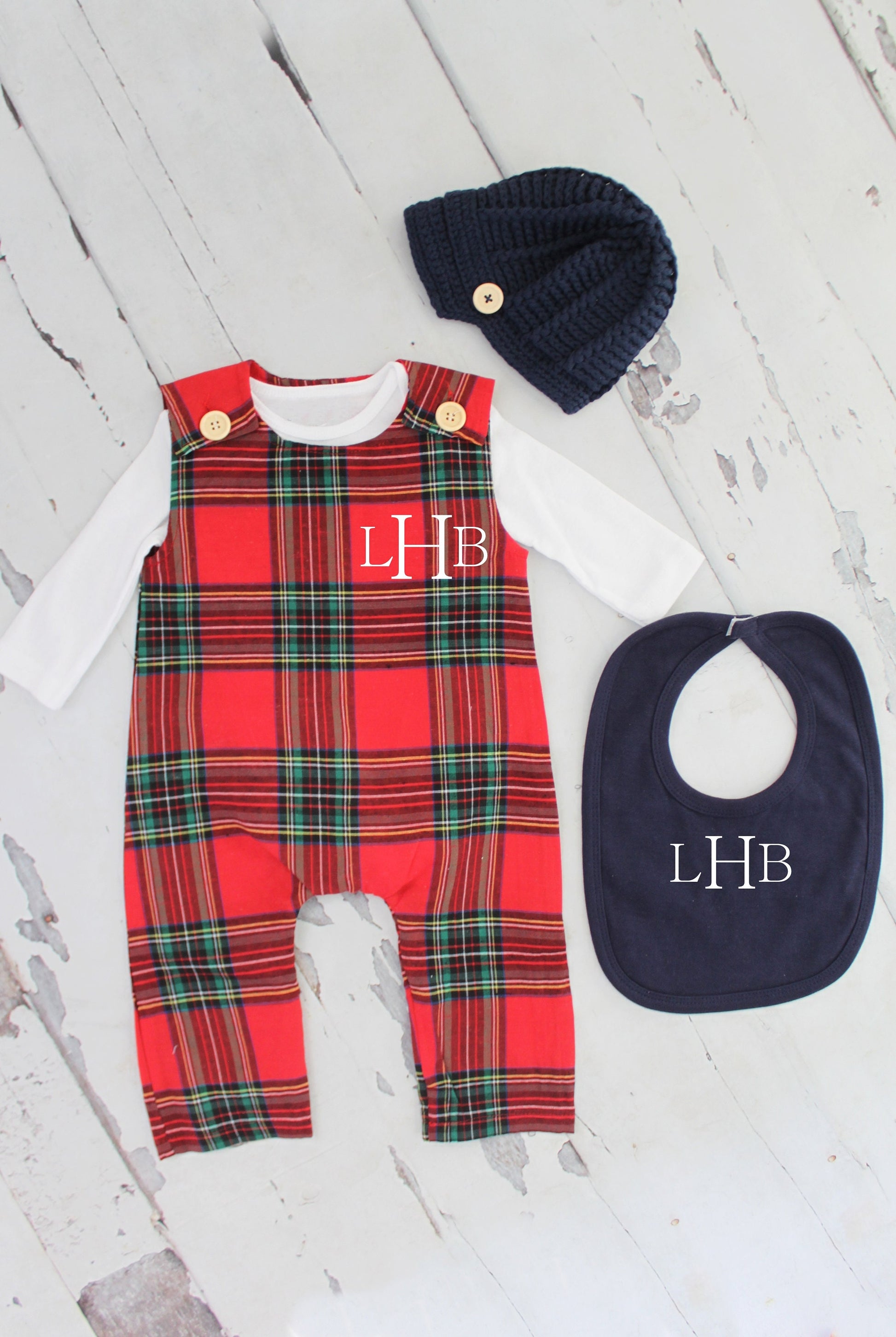 Thanksgiving & Christmas Baby Boy Jumpsuit Romper w Monogram or Name Red Plaid Baby Boy Coming Home Outfit 1st Birthday Outfit Newsboy Hat