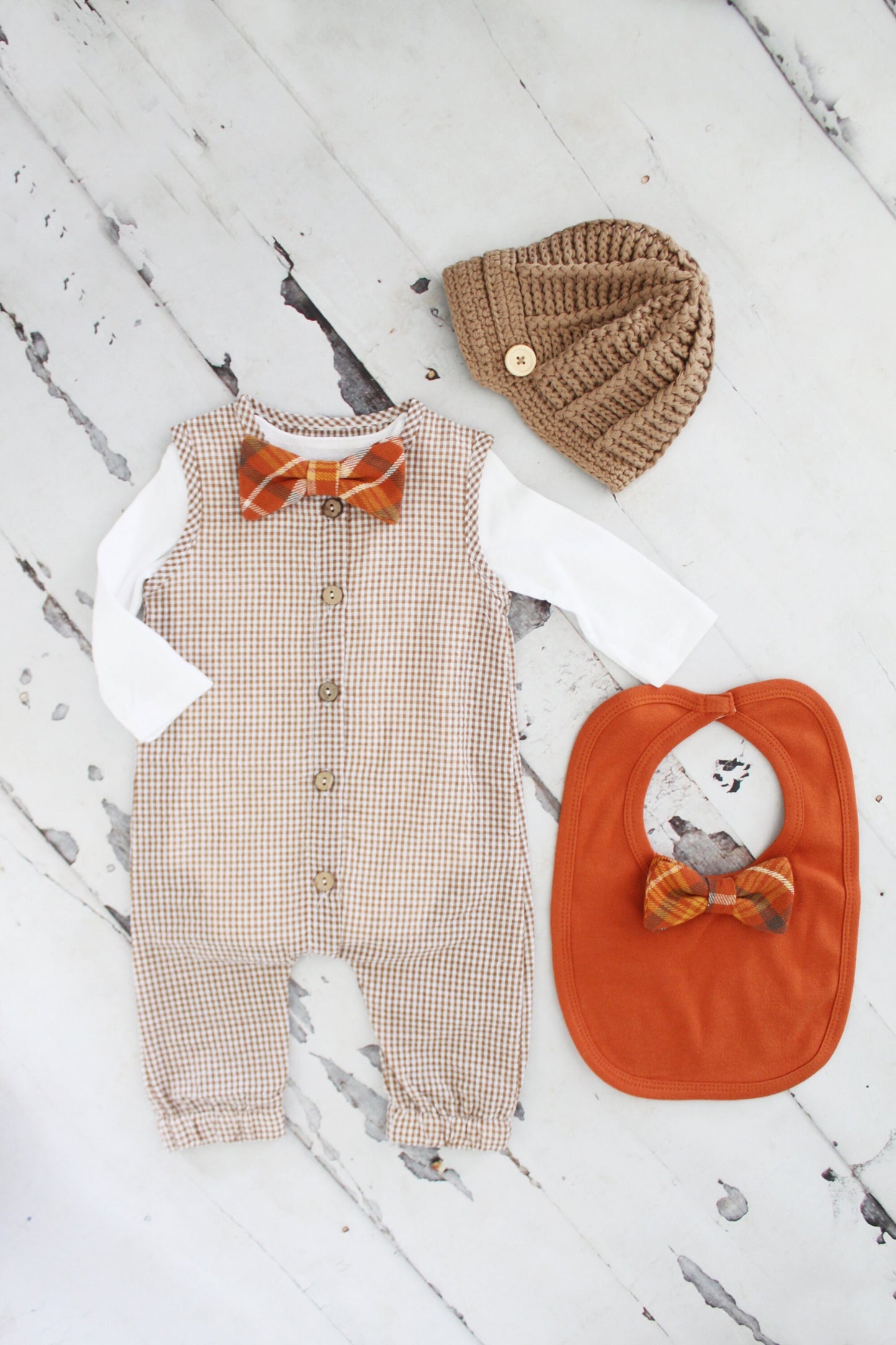Thanksgiving Fall Holiday Baby Boy Gingham Jumpsuit Romper with Bow Tie Bodysuit Baby Boy Coming Home Outfit 1st Birthday Outfit Newsboy Hat
