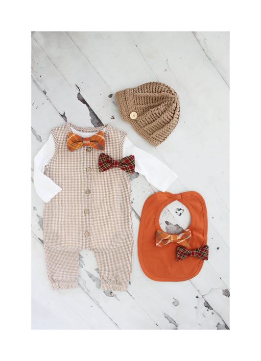 Thanksgiving Fall Holiday Baby Boy Gingham Jumpsuit Romper with Bow Tie Bodysuit Baby Boy Coming Home Outfit 1st Birthday Outfit Newsboy Hat