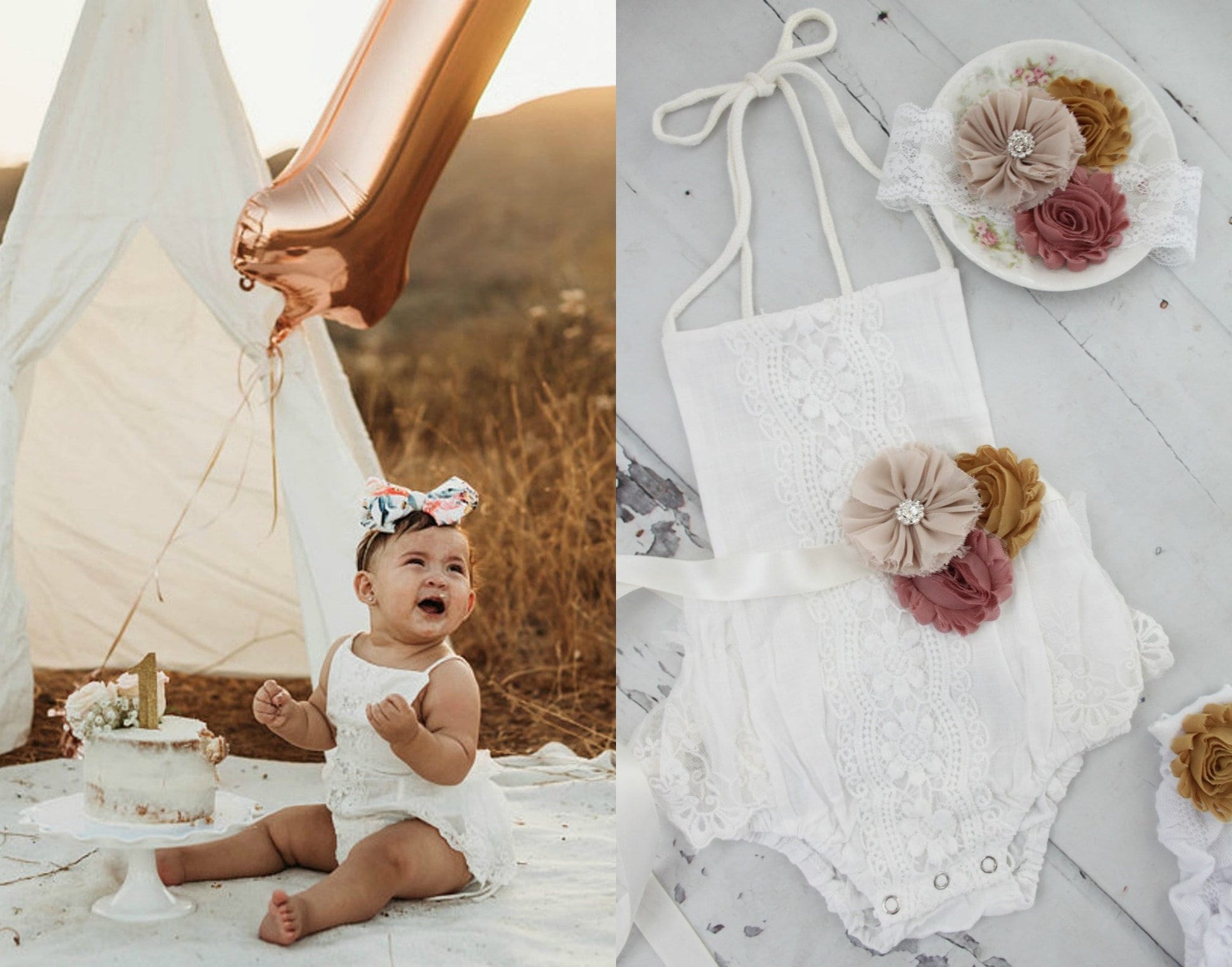 Boho Chic White Lace Romper w Autumn Sash & Headband Newborn Baby Girl Coming Home Outfit, 1st Birthday Outfit Mommy me Easter