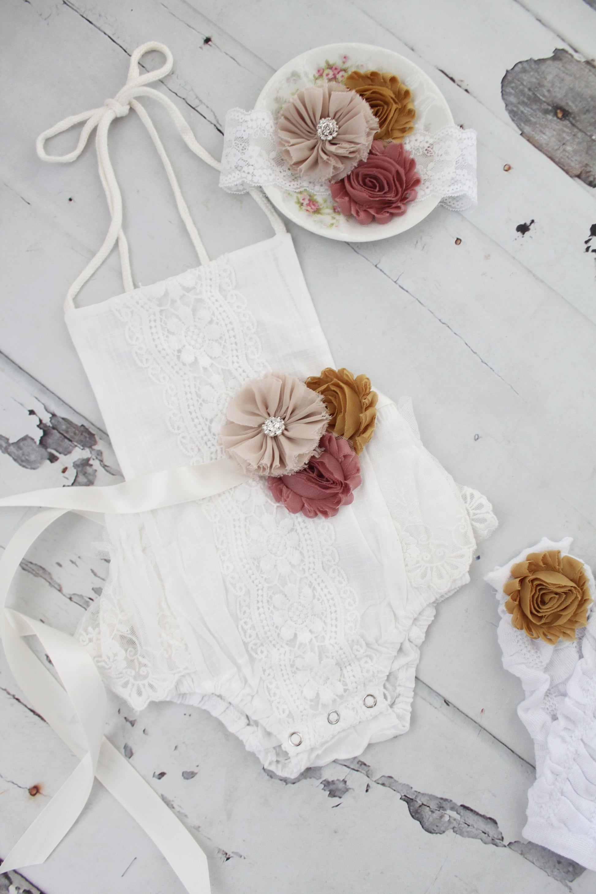 Boho Chic Fall Pumpkin Spice White Lace Romper w Autumn Sash & Headband Newborn Baby Girl Coming Home Outfit, 1st Birthday Outfit Holiday