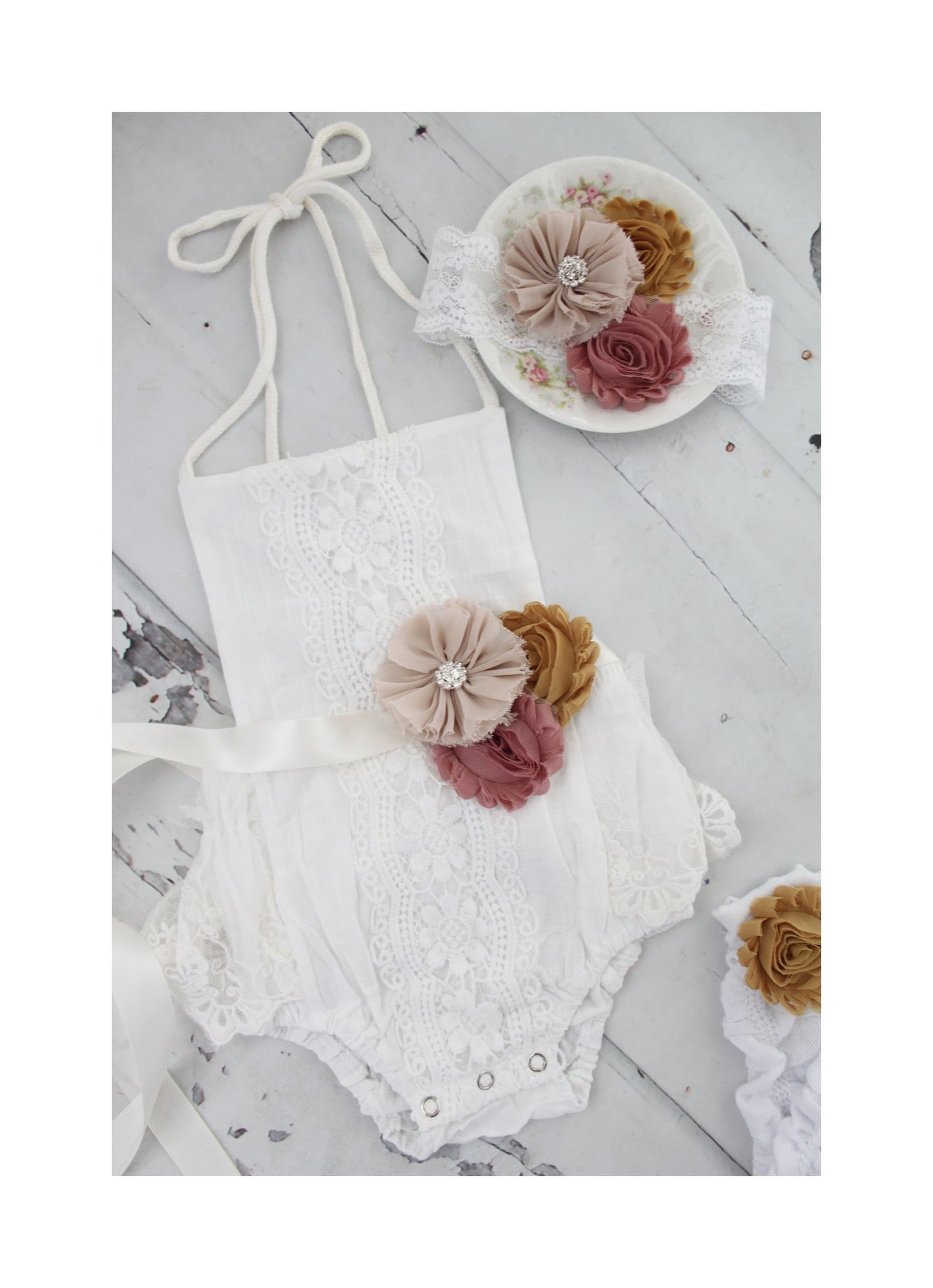 Boho Chic Fall Pumpkin Spice White Lace Romper w Autumn Sash & Headband Newborn Baby Girl Coming Home Outfit, 1st Birthday Outfit Holiday