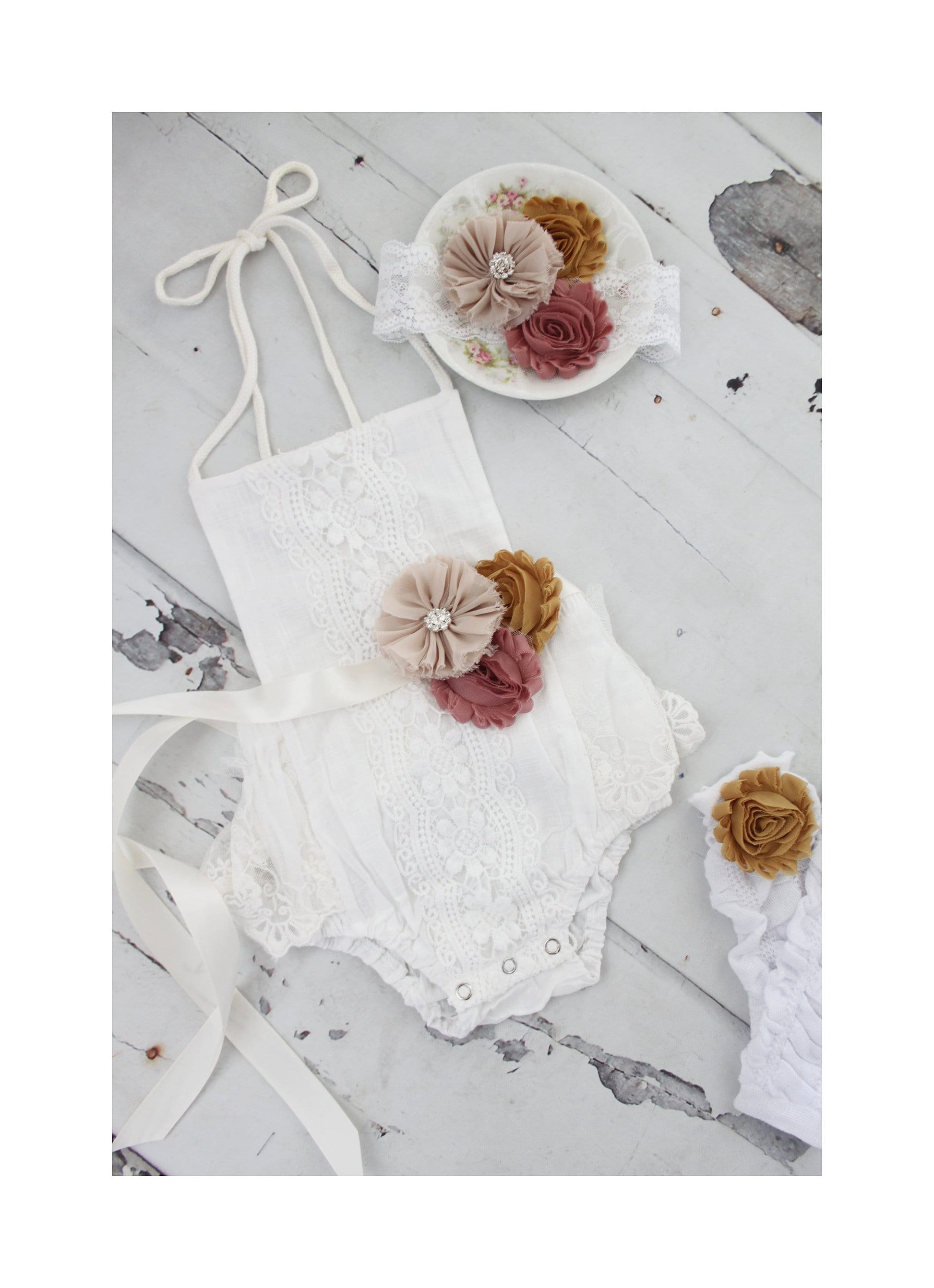 Boho Chic Fall Pumpkin Spice White Lace Romper w Autumn Sash & Headband Newborn Baby Girl Coming Home Outfit, 1st Birthday Outfit Holiday