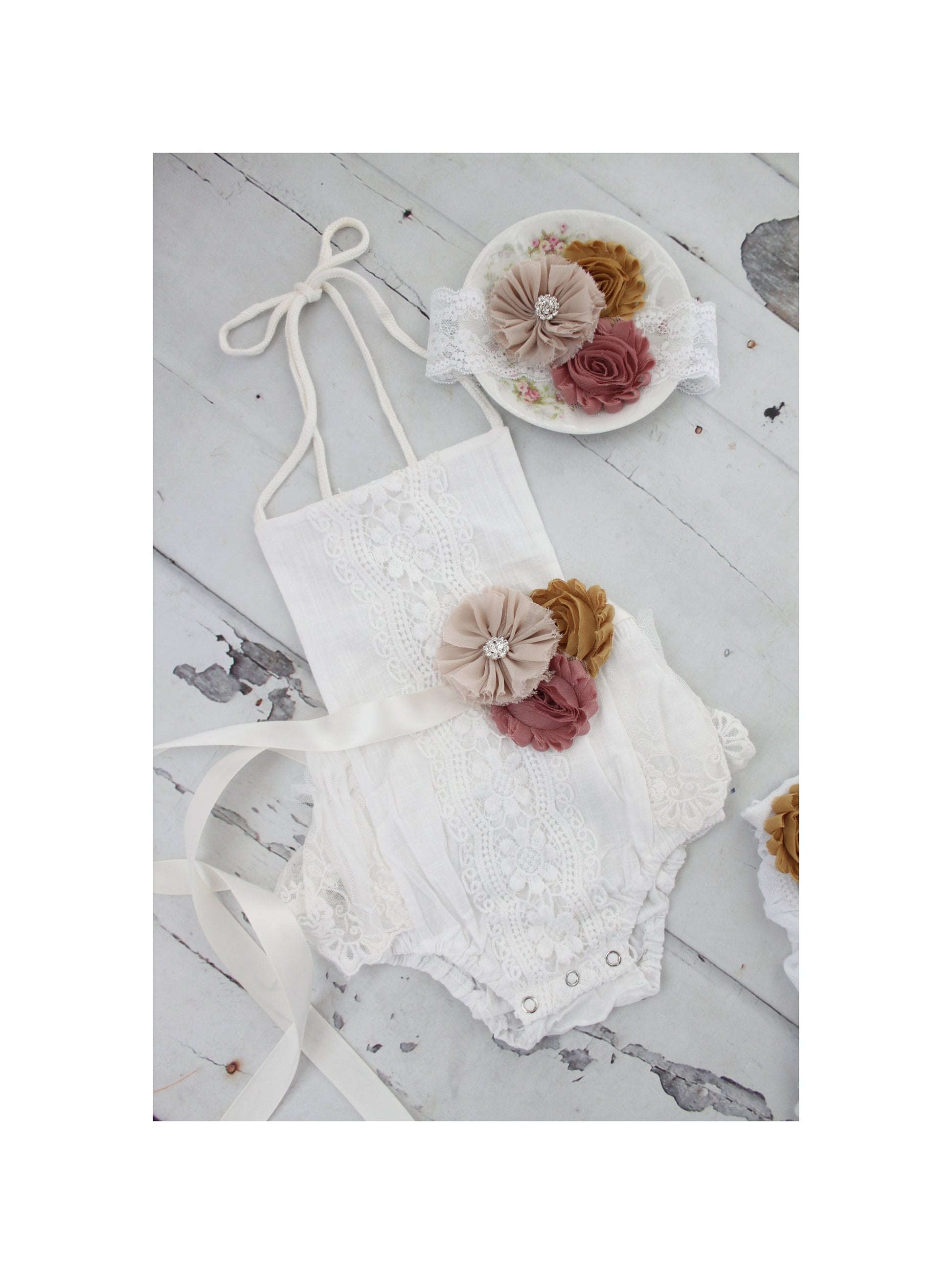 Boho Chic Fall Pumpkin Spice White Lace Romper w Autumn Sash & Headband Newborn Baby Girl Coming Home Outfit, 1st Birthday Outfit Holiday