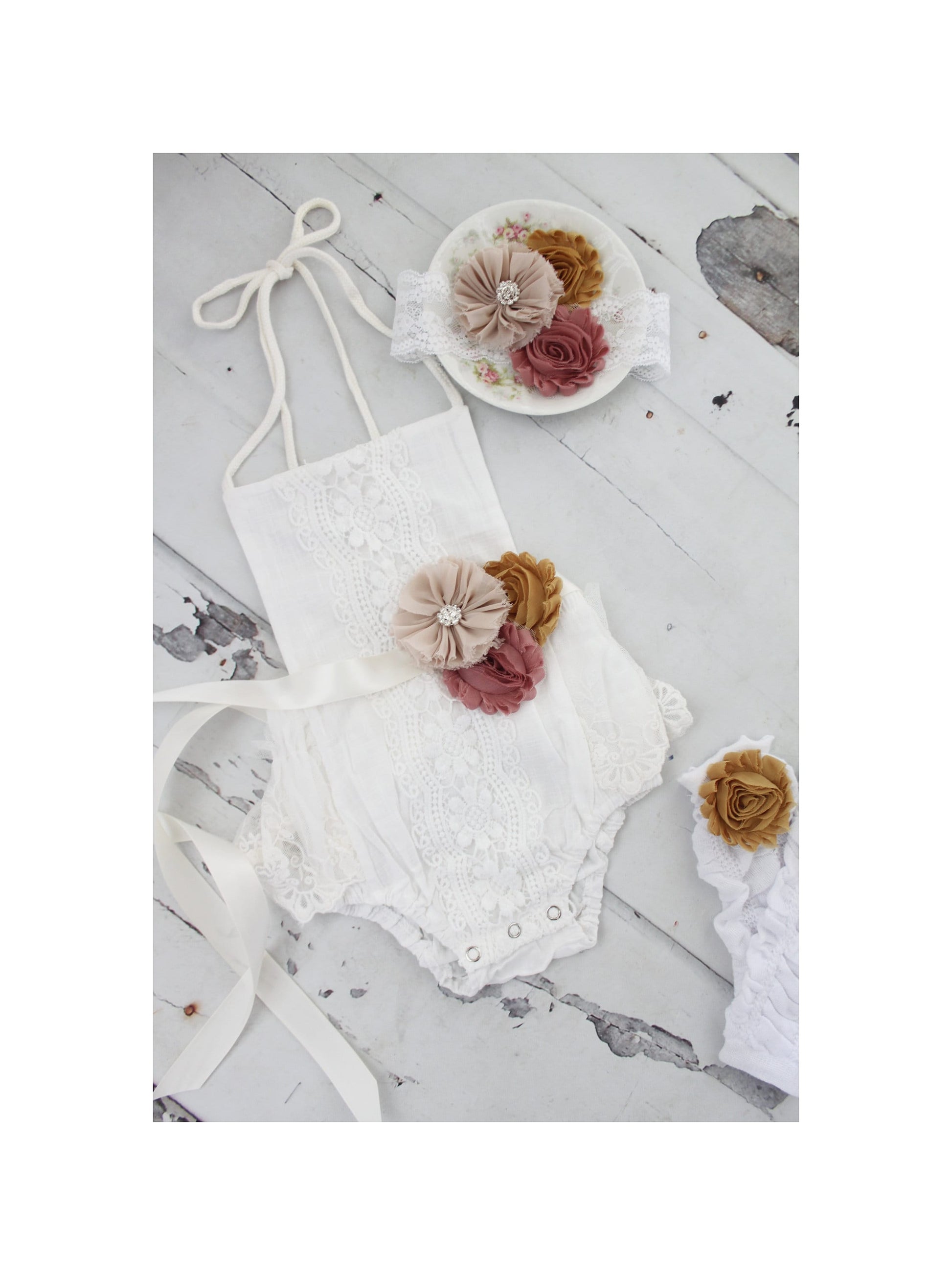 Boho Chic Fall Pumpkin Spice White Lace Romper w Autumn Sash & Headband Newborn Baby Girl Coming Home Outfit, 1st Birthday Outfit Holiday