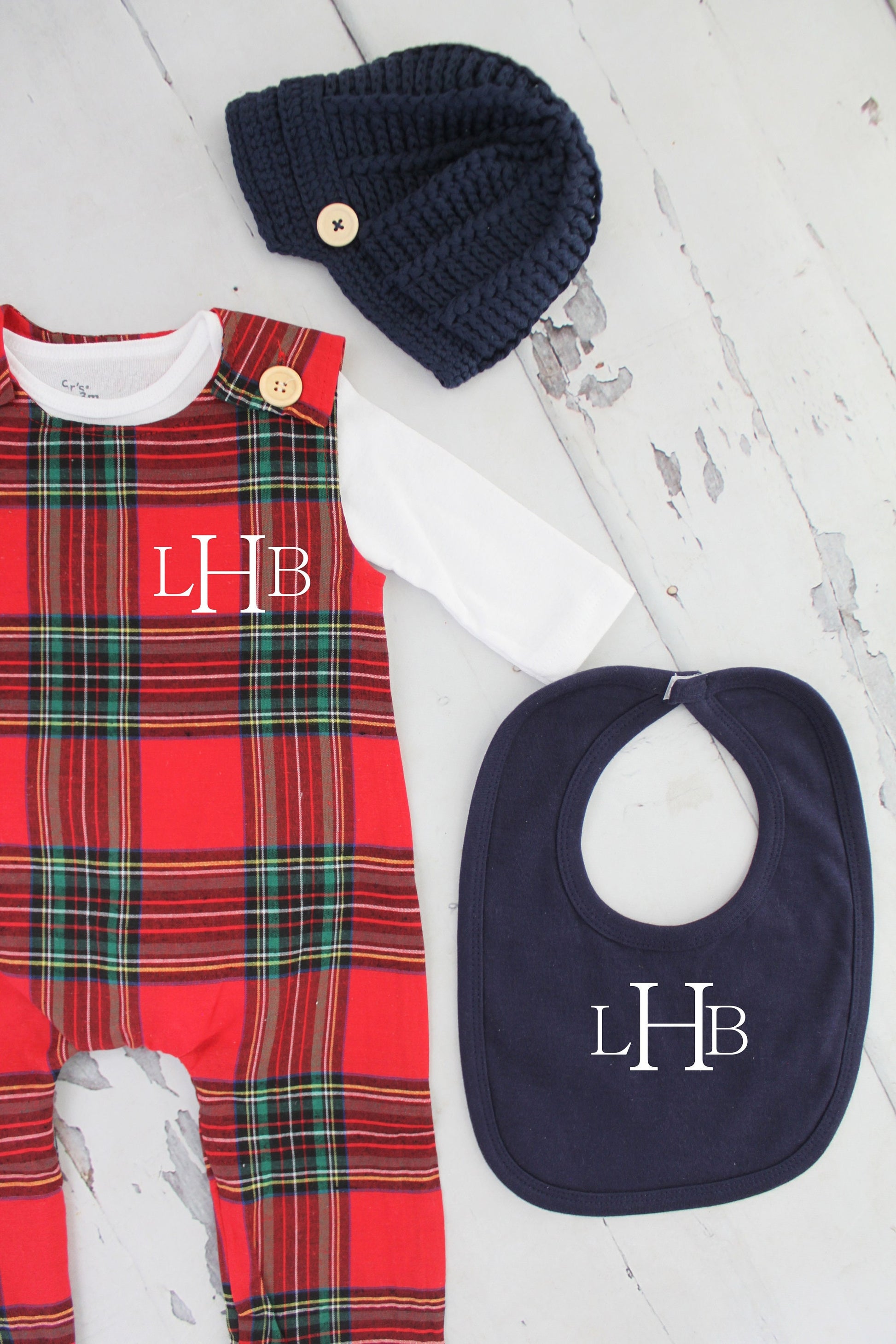 Thanksgiving & Christmas Baby Boy Jumpsuit Romper w Monogram or Name Red Plaid Baby Boy Coming Home Outfit 1st Birthday Outfit Newsboy Hat