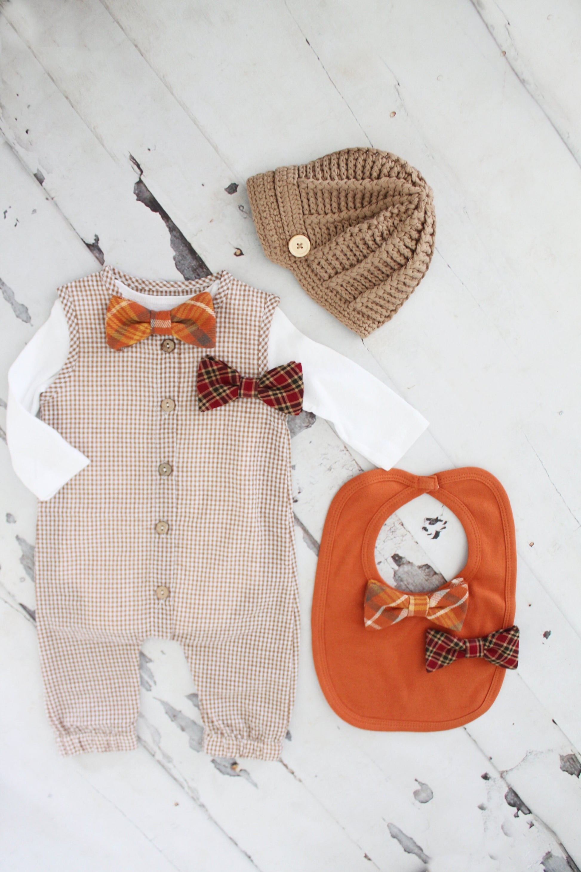 Thanksgiving Fall Holiday Baby Boy Gingham Jumpsuit Romper with Bow Tie Bodysuit Baby Boy Coming Home Outfit 1st Birthday Outfit Newsboy Hat