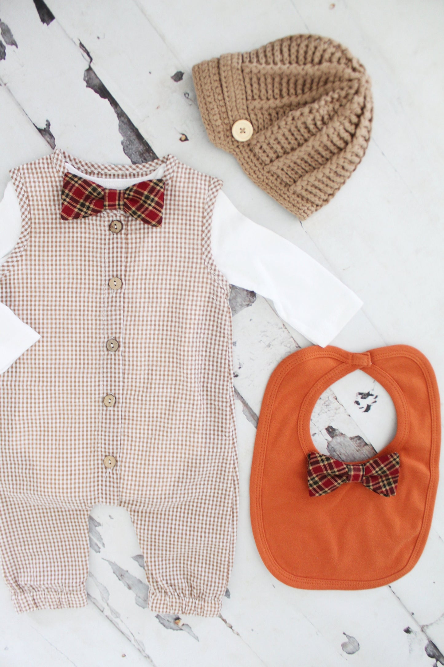 Thanksgiving Fall Holiday Baby Boy Gingham Jumpsuit Romper with Bow Tie Bodysuit Baby Boy Coming Home Outfit 1st Birthday Outfit Newsboy Hat