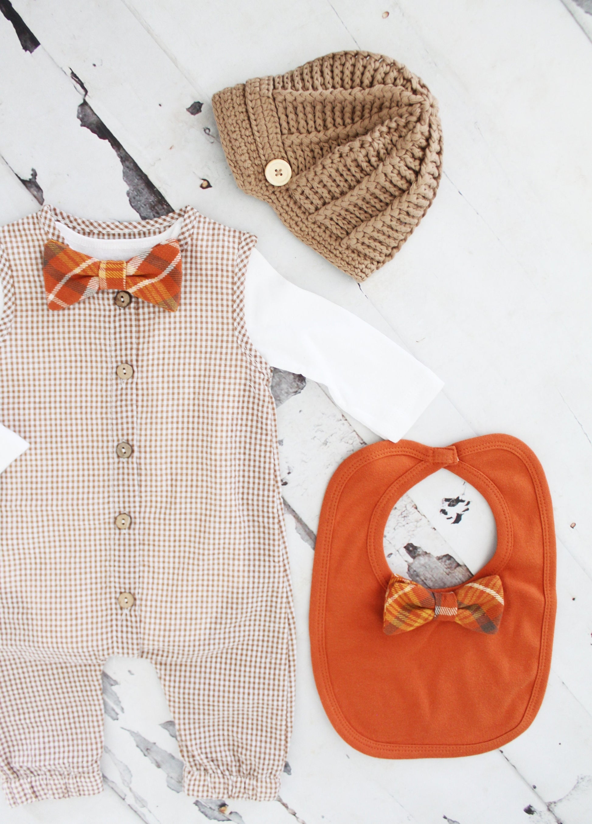 Thanksgiving Fall Holiday Baby Boy Gingham Jumpsuit Romper with Bow Tie Bodysuit Baby Boy Coming Home Outfit 1st Birthday Outfit Newsboy Hat