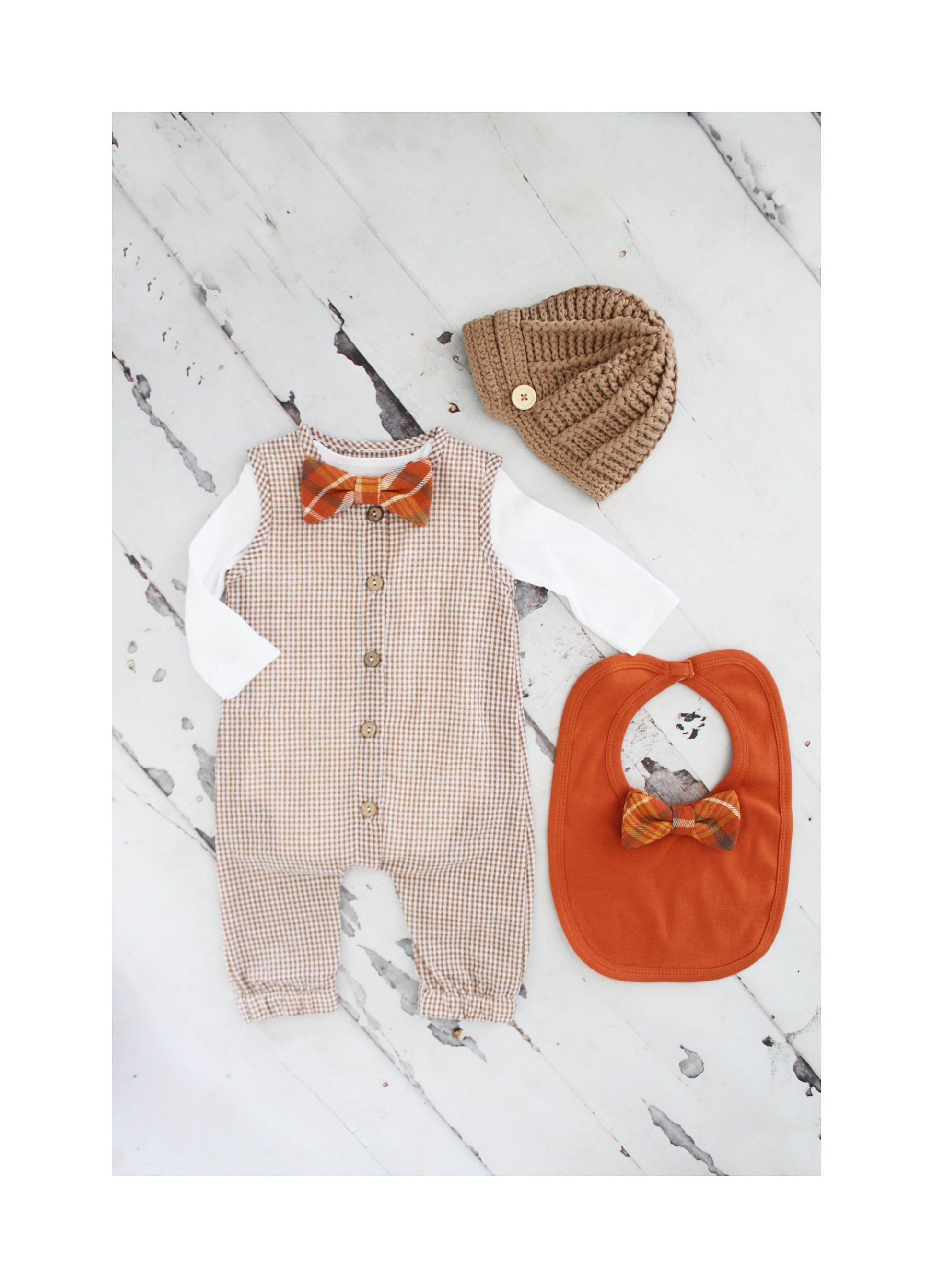 Thanksgiving Fall Holiday Baby Boy Gingham Jumpsuit Romper with Bow Tie Bodysuit Baby Boy Coming Home Outfit 1st Birthday Outfit Newsboy Hat