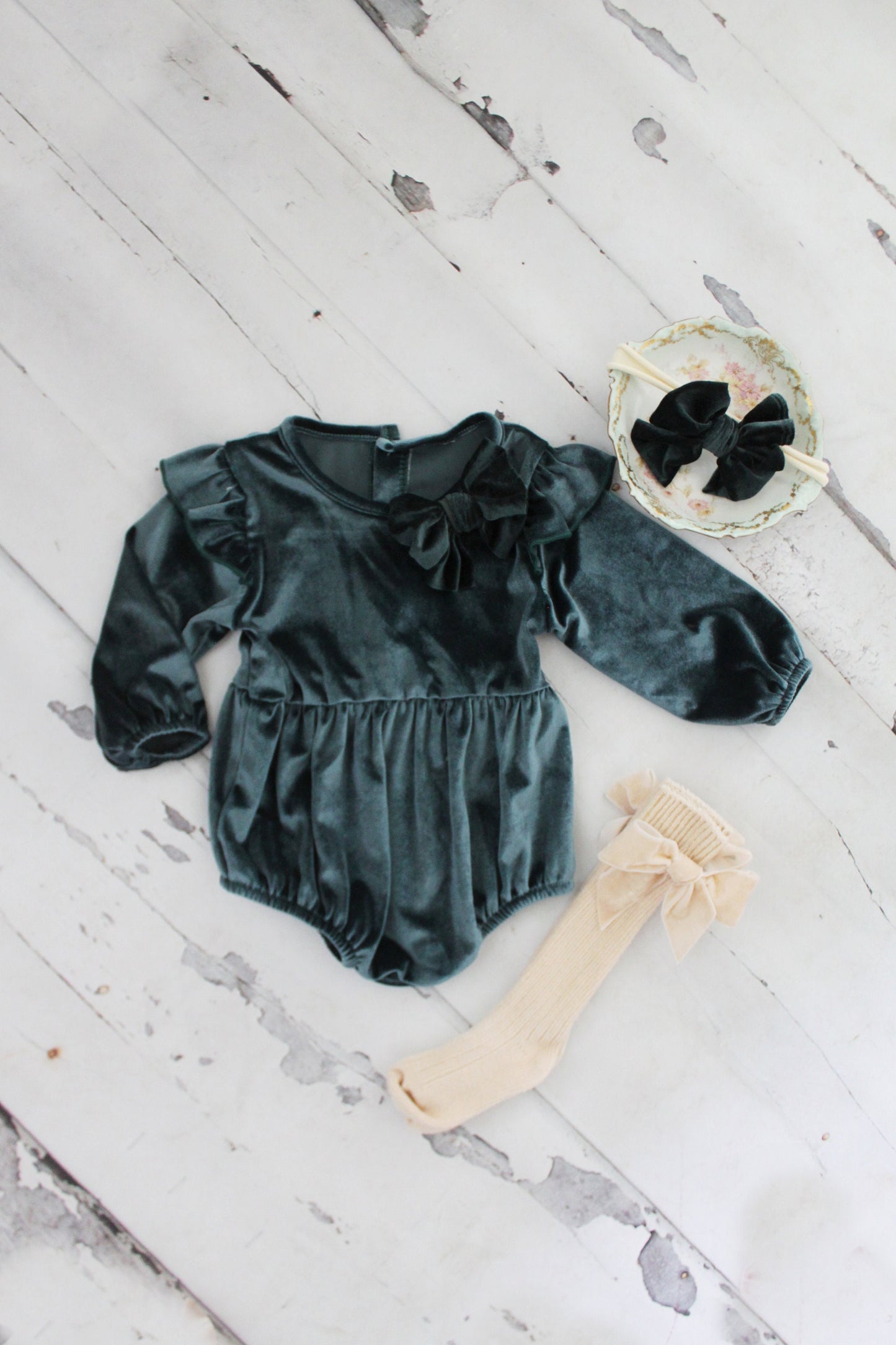 Christmas Holiday Outfit, Boho Green Velvet Romper with Velvet Bow Clip, Headband, & Knee Bow Socks. Thanksgiving Outfit, Coming Home Outfit