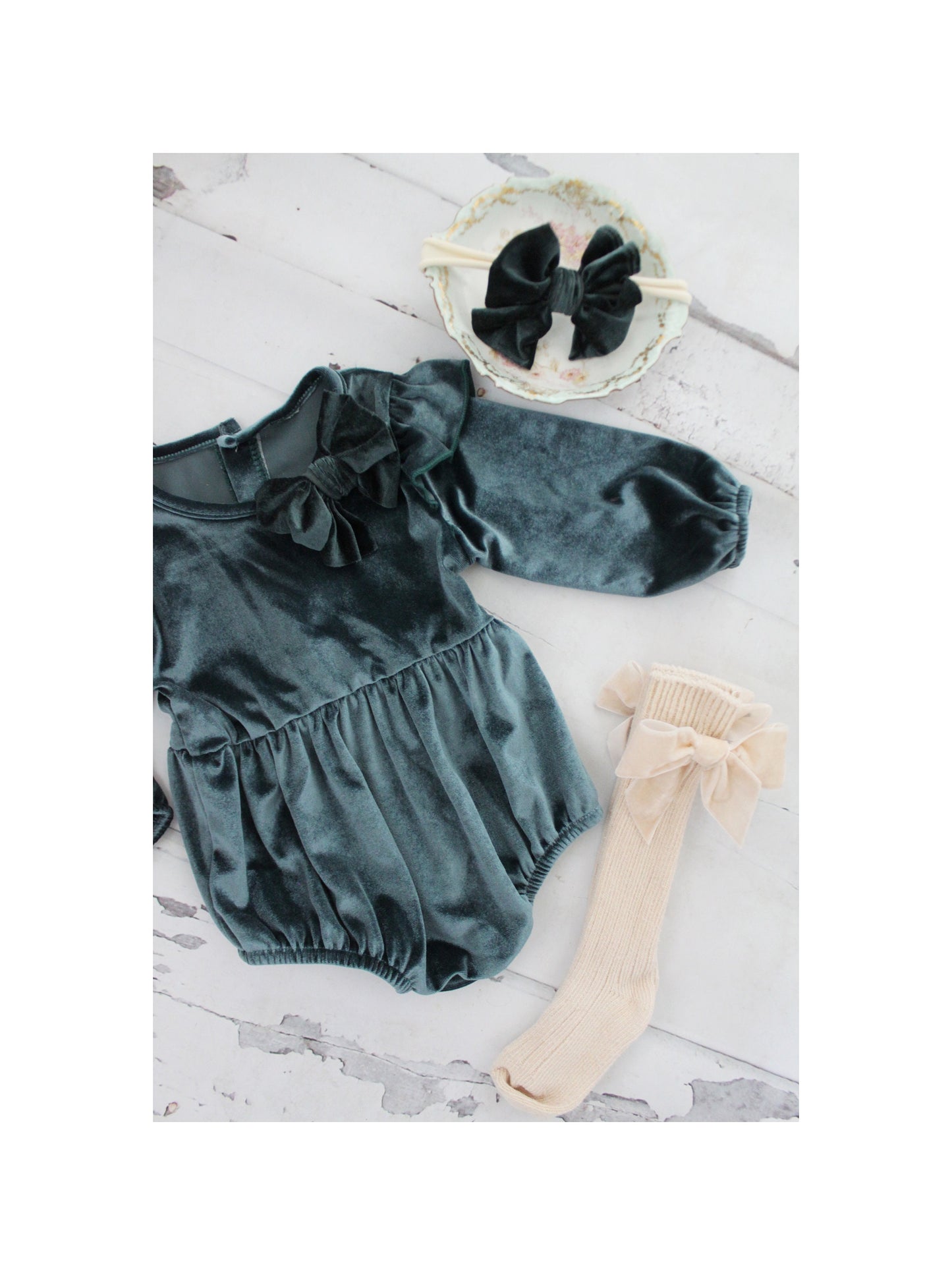 Christmas Holiday Outfit, Boho Green Velvet Romper with Velvet Bow Clip, Headband, & Knee Bow Socks. Thanksgiving Outfit, Coming Home Outfit