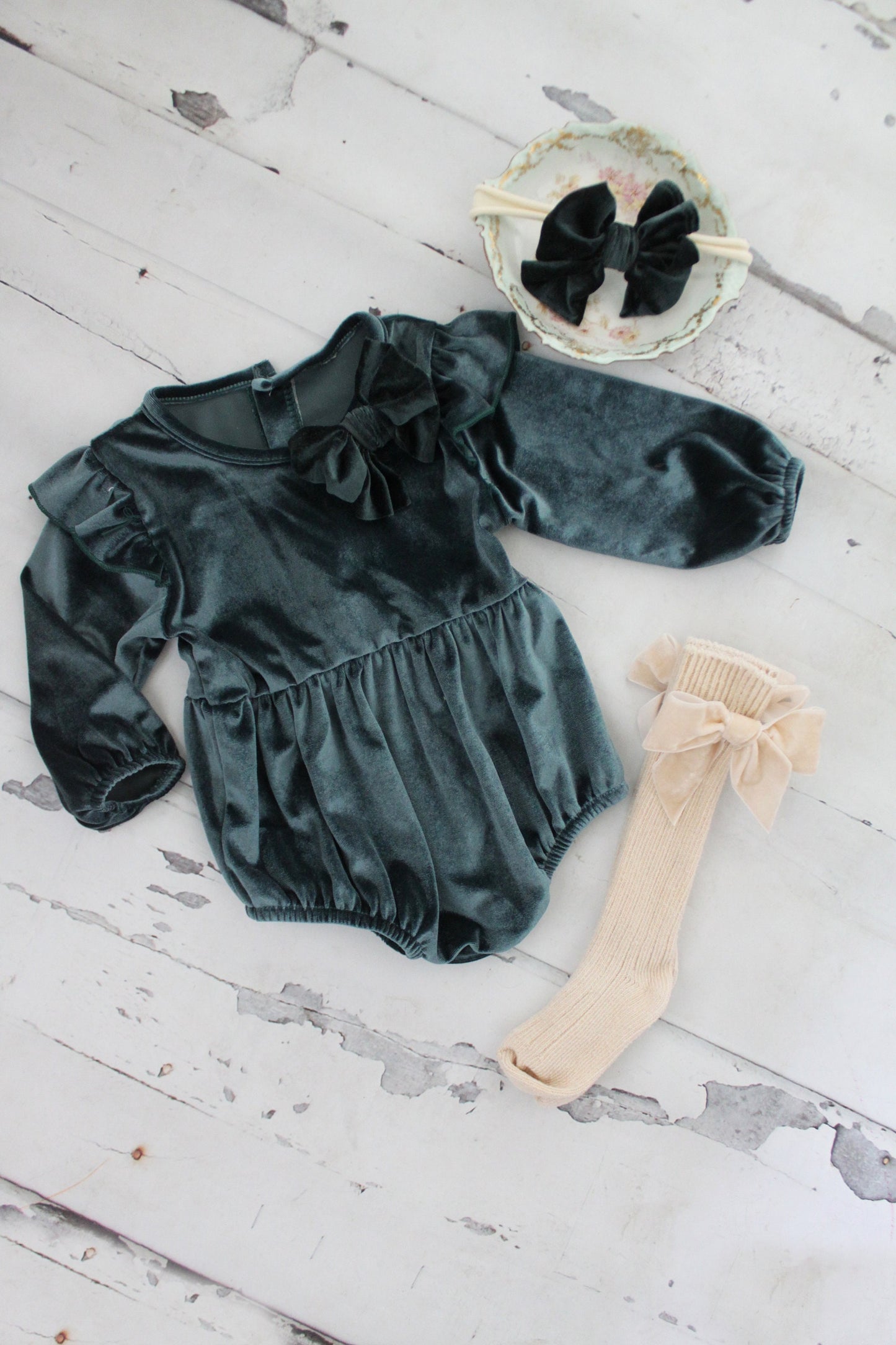 Christmas Holiday Outfit, Boho Green Velvet Romper with Velvet Bow Clip, Headband, & Knee Bow Socks. Thanksgiving Outfit, Coming Home Outfit