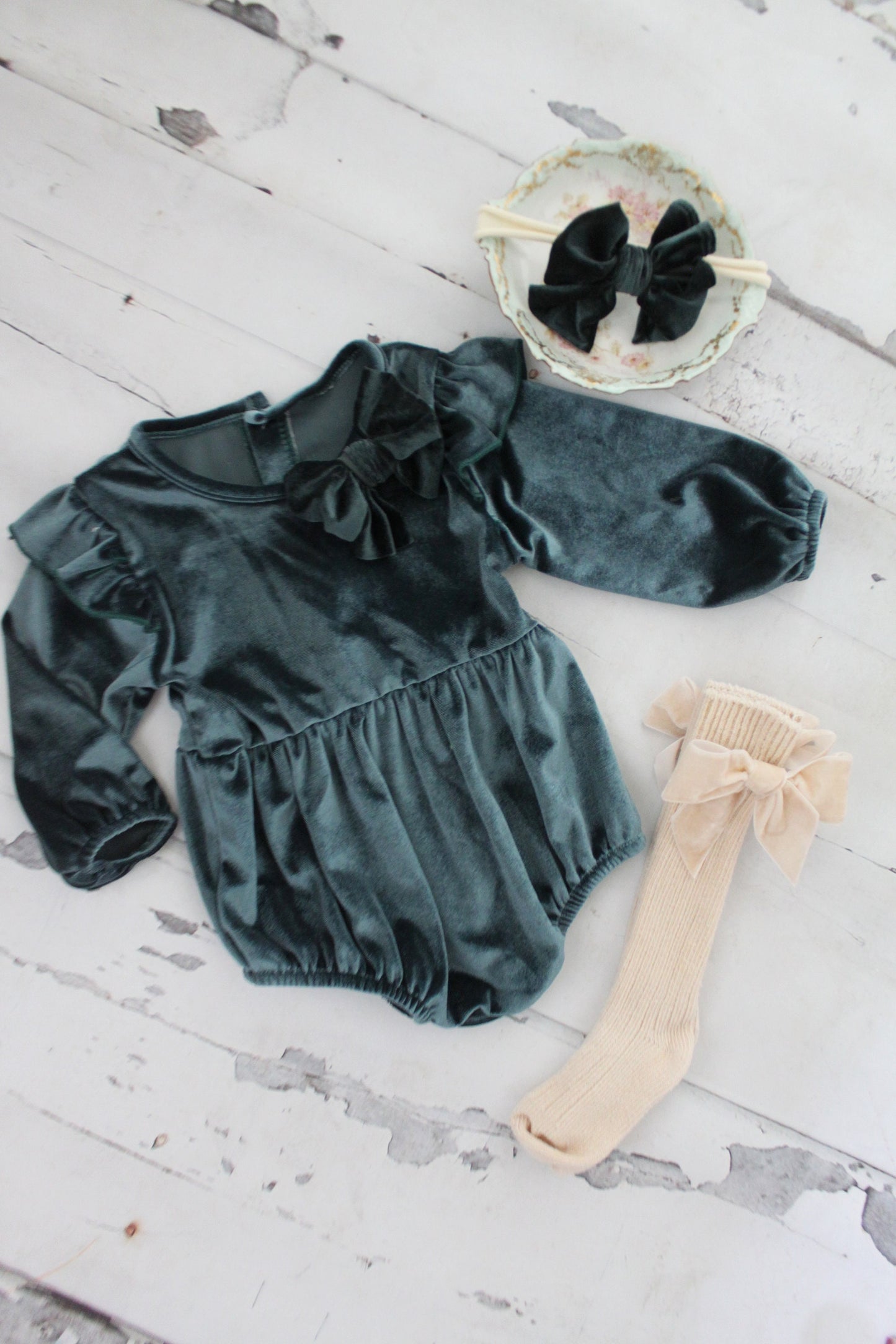 Christmas Holiday Outfit, Boho Green Velvet Romper with Velvet Bow Clip, Headband, & Knee Bow Socks. Thanksgiving Outfit, Coming Home Outfit